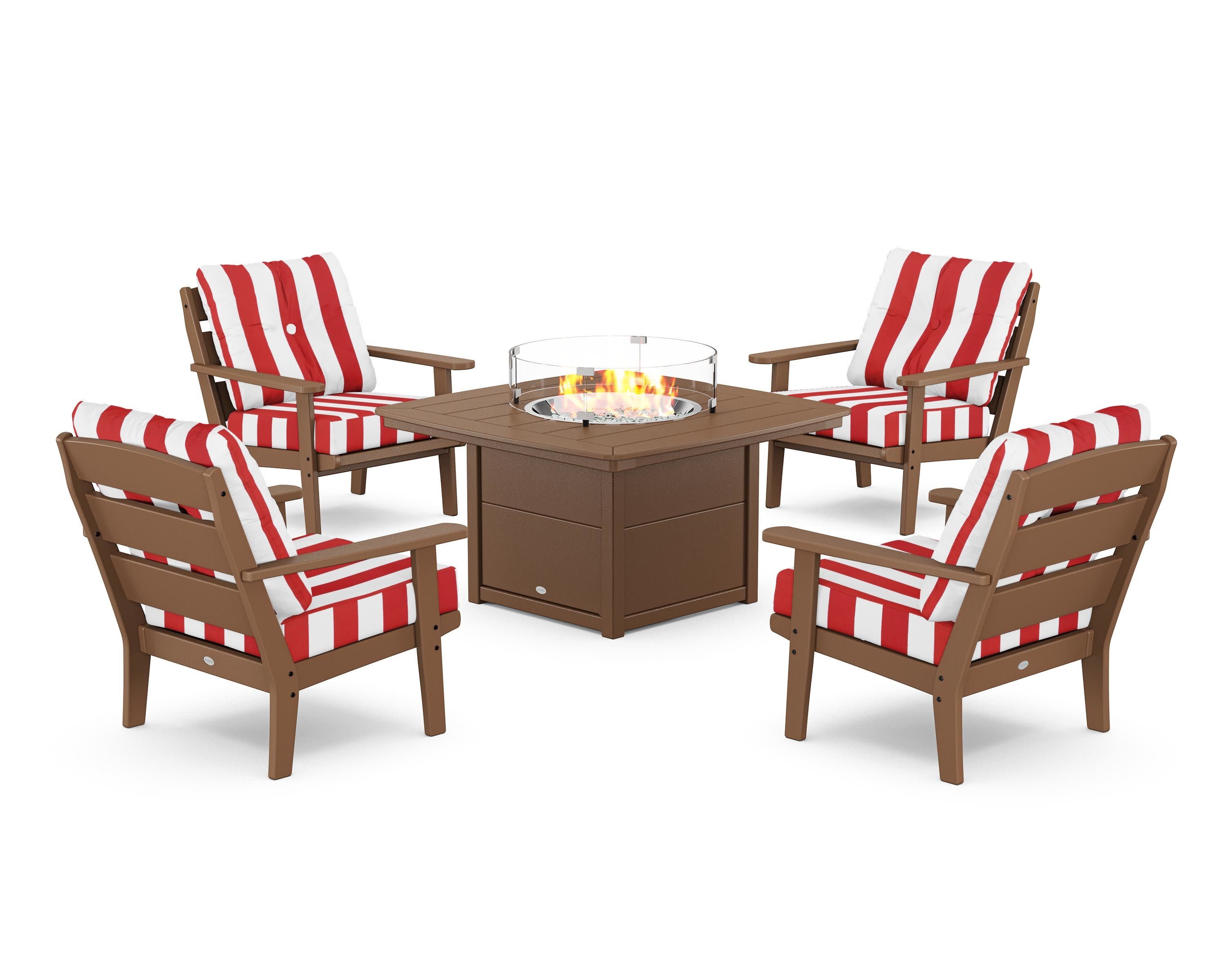 Lakeside 5-Piece Deep Seating Set with Nautical Fire Pit Table in Teak / Cabana Stripe Crimson