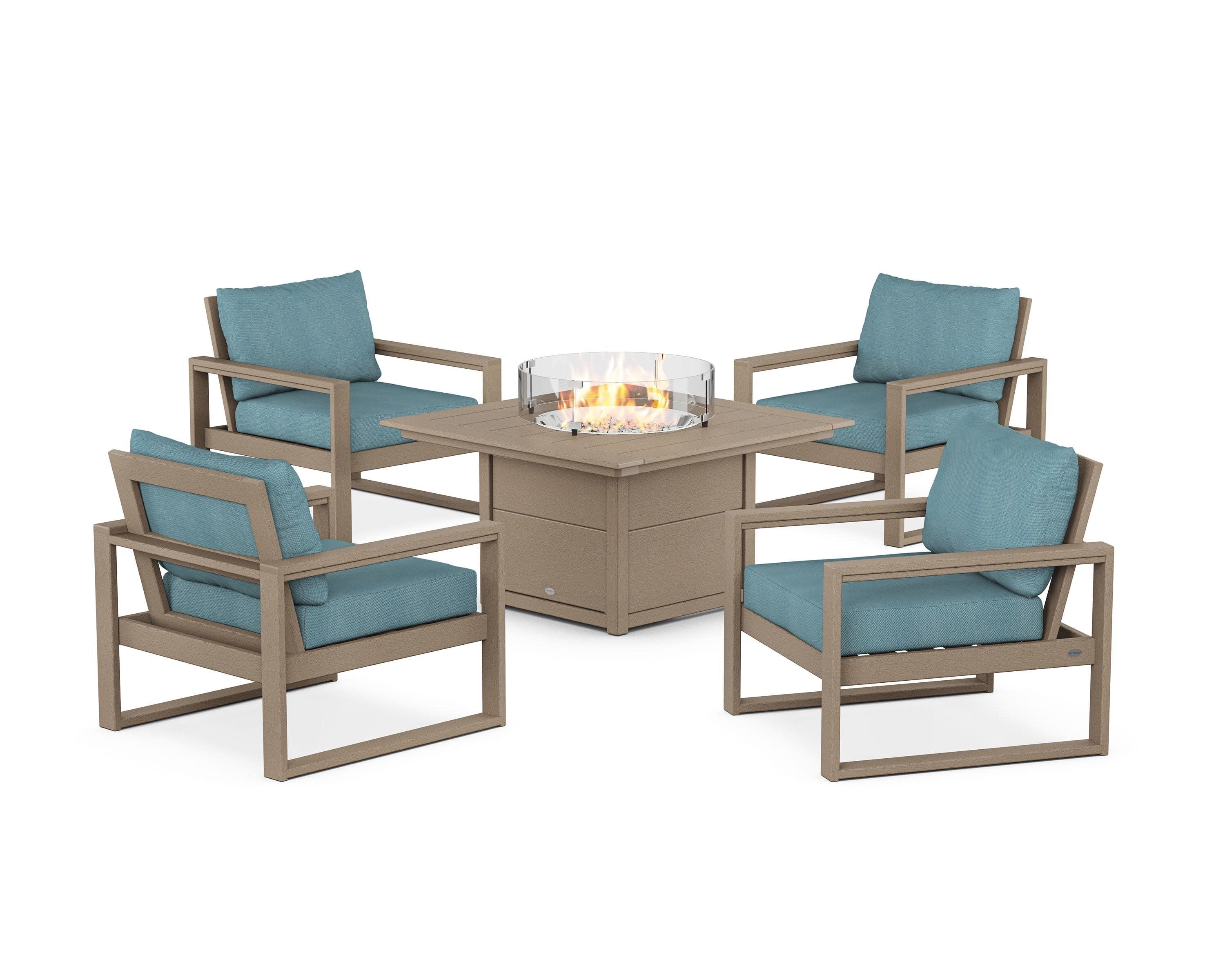 EDGE Sectional 5-Piece Deep Seating Set with Fire Pit Table in Vintage Sahara / Lattice Sky Blue