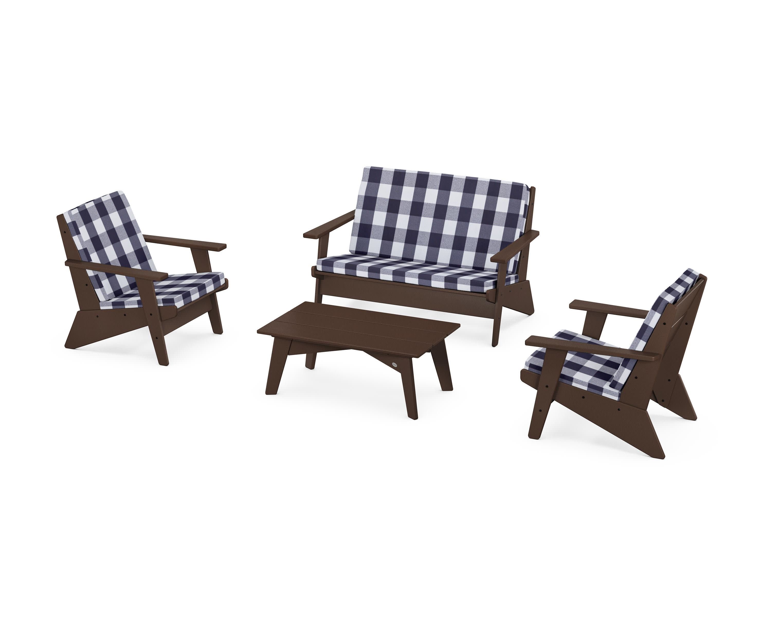 Riviera Modern Lounge 4-Piece Set in Mahogany / Buffalo Plaid Navy