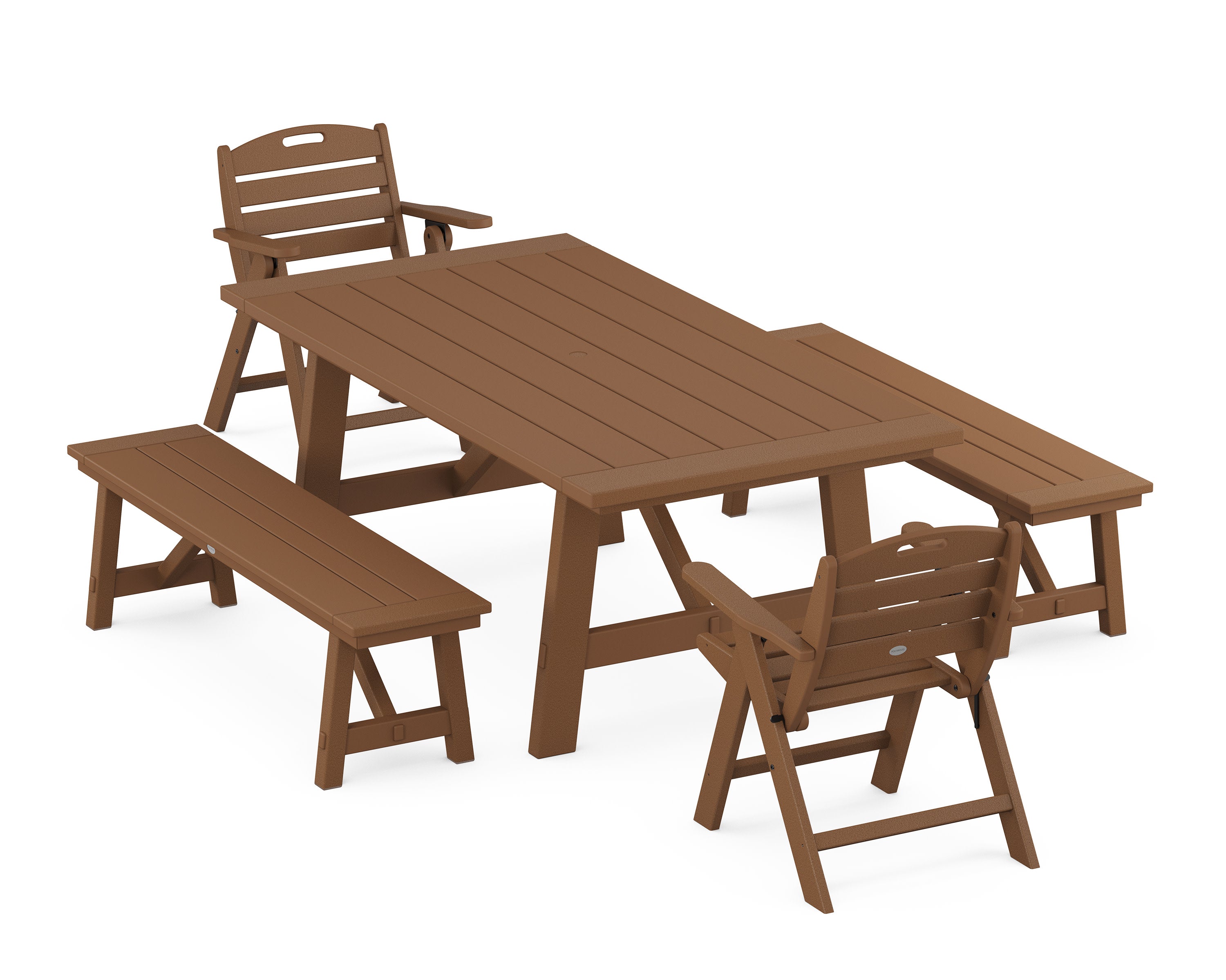 Nautical Folding Lowback Chair 5-Piece Rustic Farmhouse Dining Set With Benches in Teak