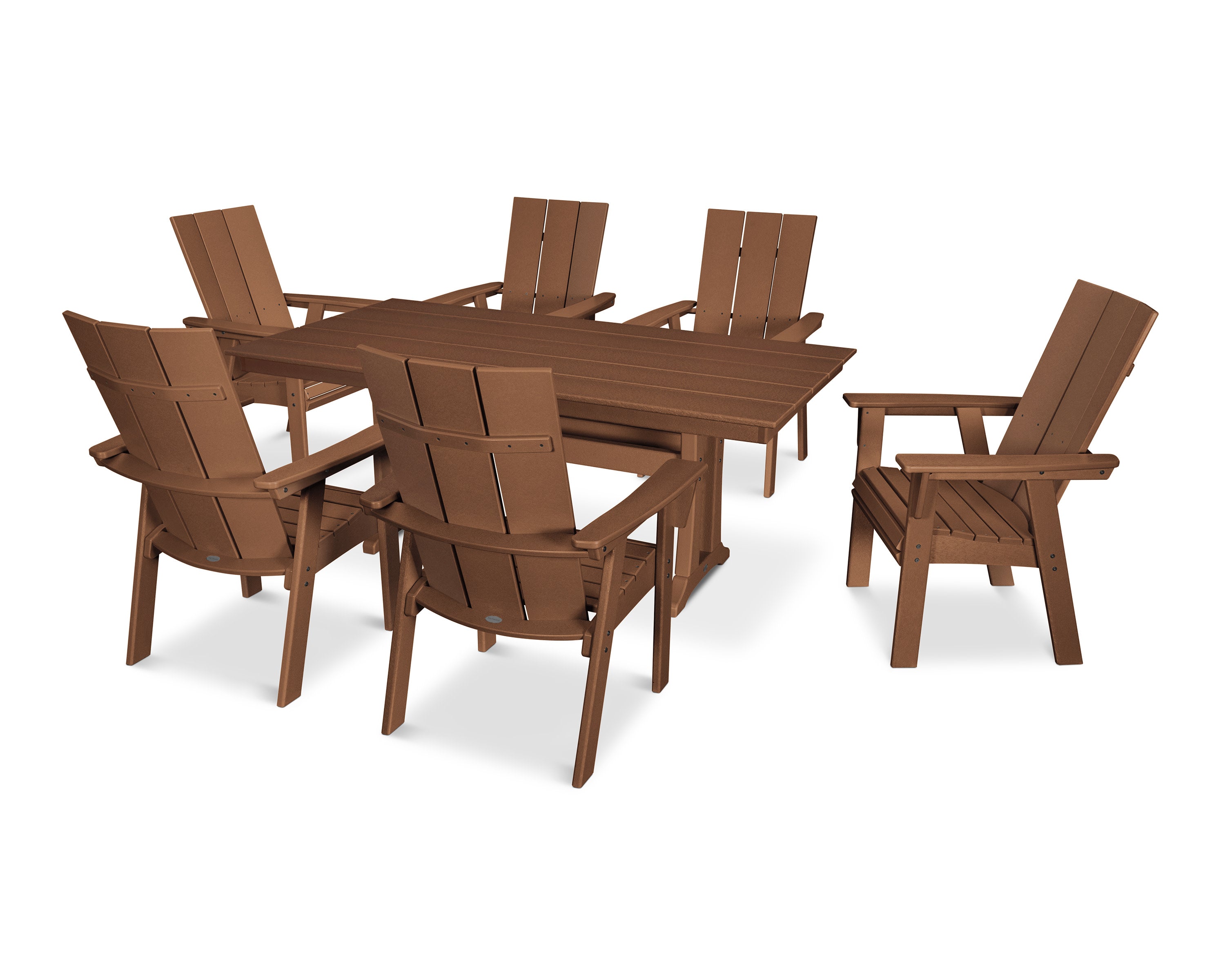 Modern Curveback Adirondack 7-Piece Farmhouse Dining Set with Trestle Legs in Teak