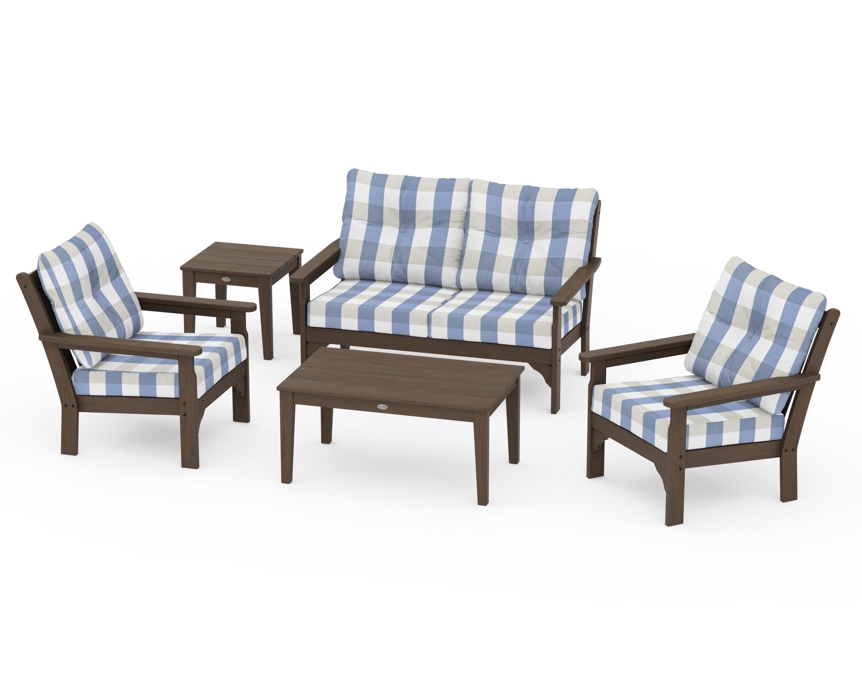 Vineyard 5-Piece Deep Seating Set in Kona / Buffalo Plaid Sky Blue