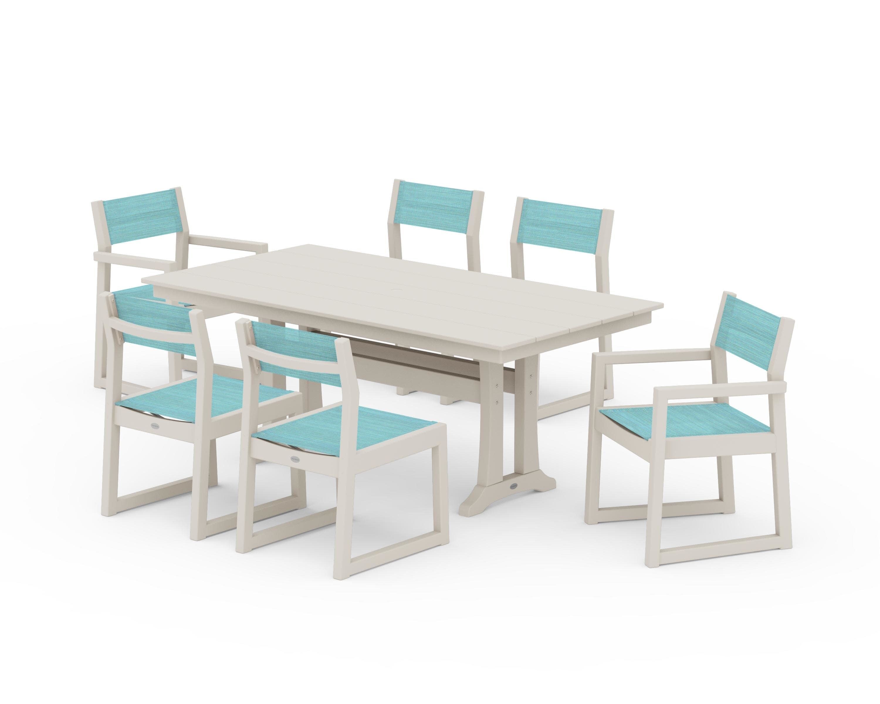 EDGE Sling 7-Piece Farmhouse Trestle Dining Set in Sand / Dupioni Aquamarine Sling