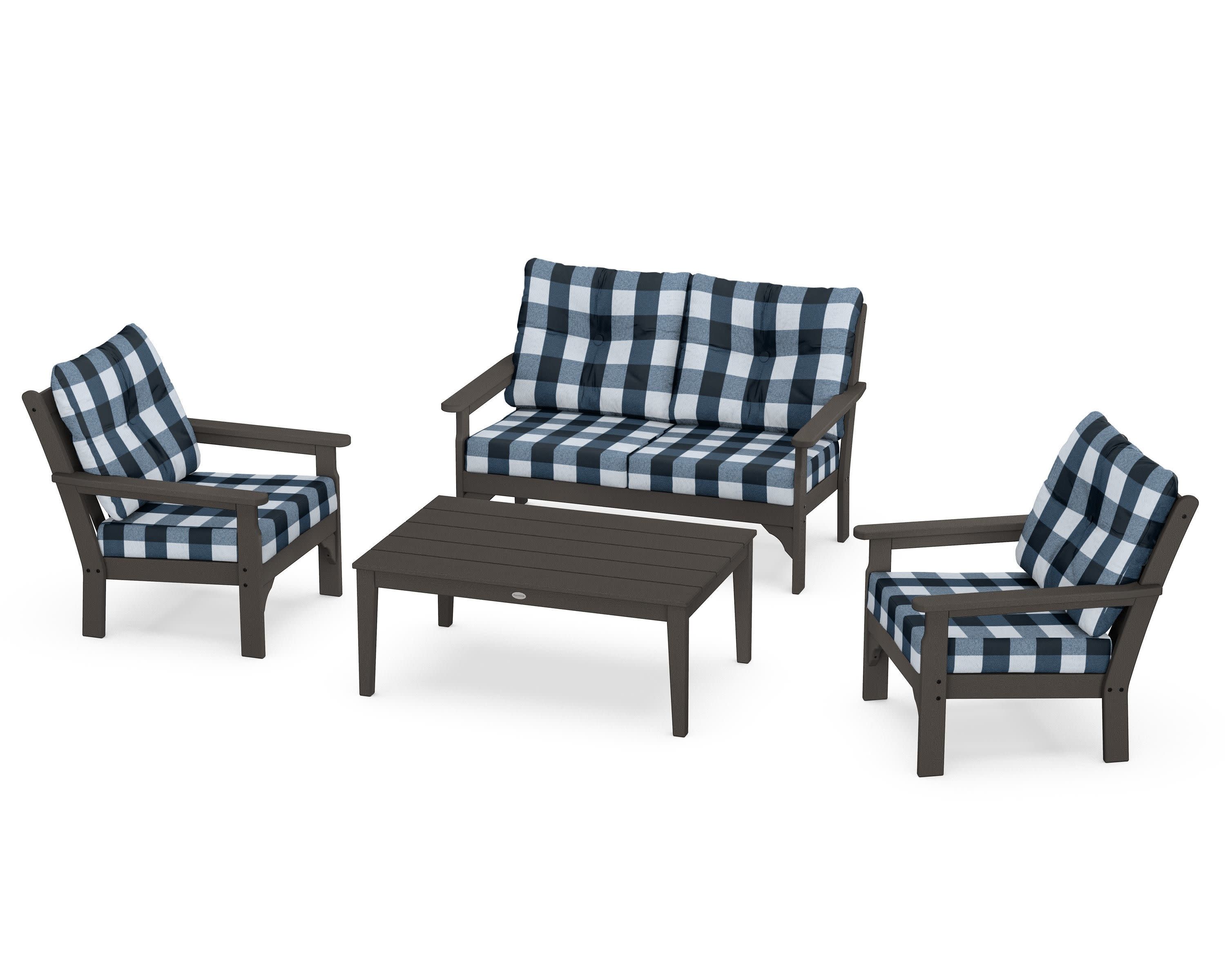 Vineyard 4-Piece Deep Seating Set in Vintage Coffee / Buffalo Plaid Marine Indigo