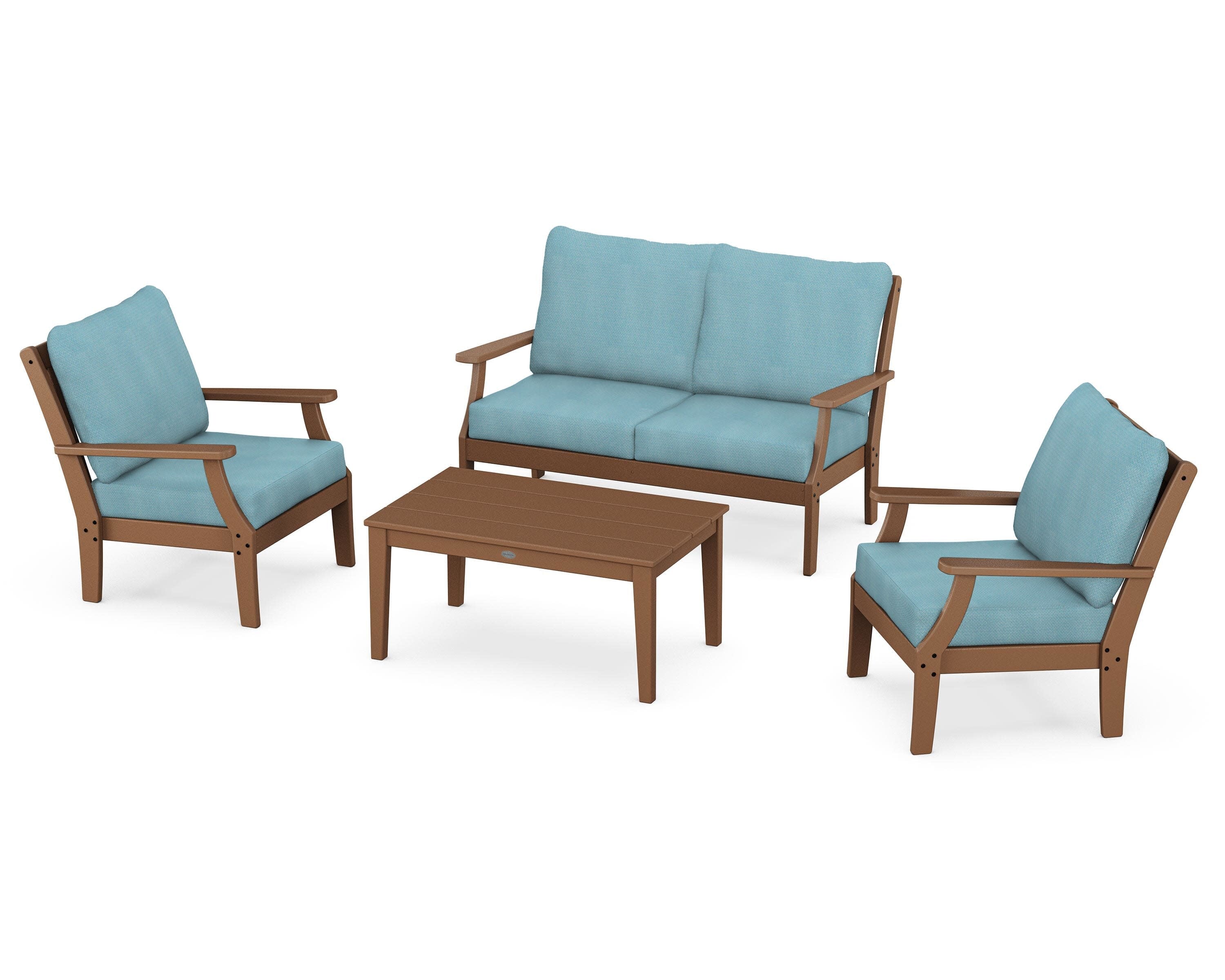 Braxton 4-Piece Deep Seating Chair Set in Teak / Lattice Sky Blue