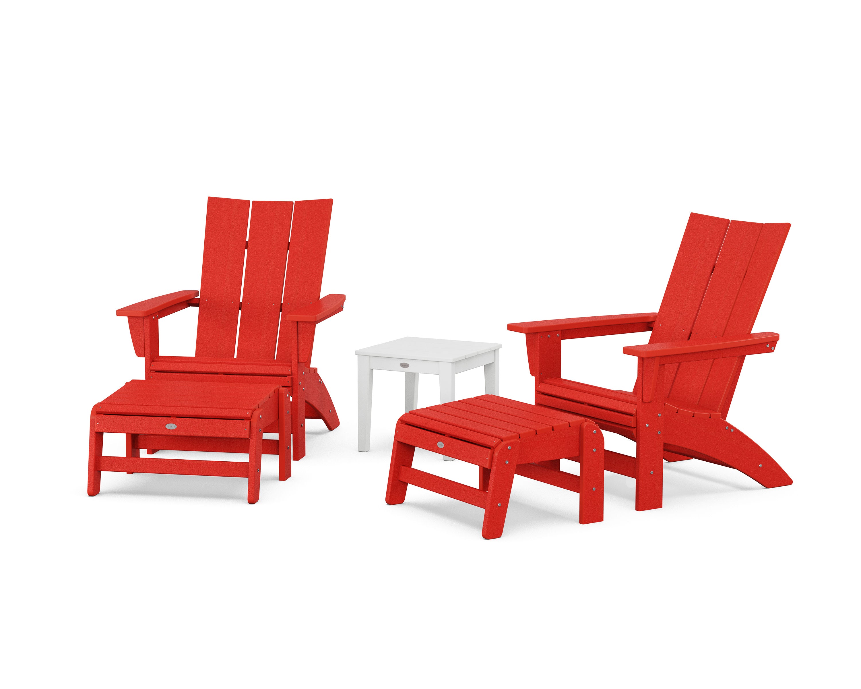 5-Piece Modern Grand Adirondack Set with Ottomans and Side Table in Sunset Red / White
