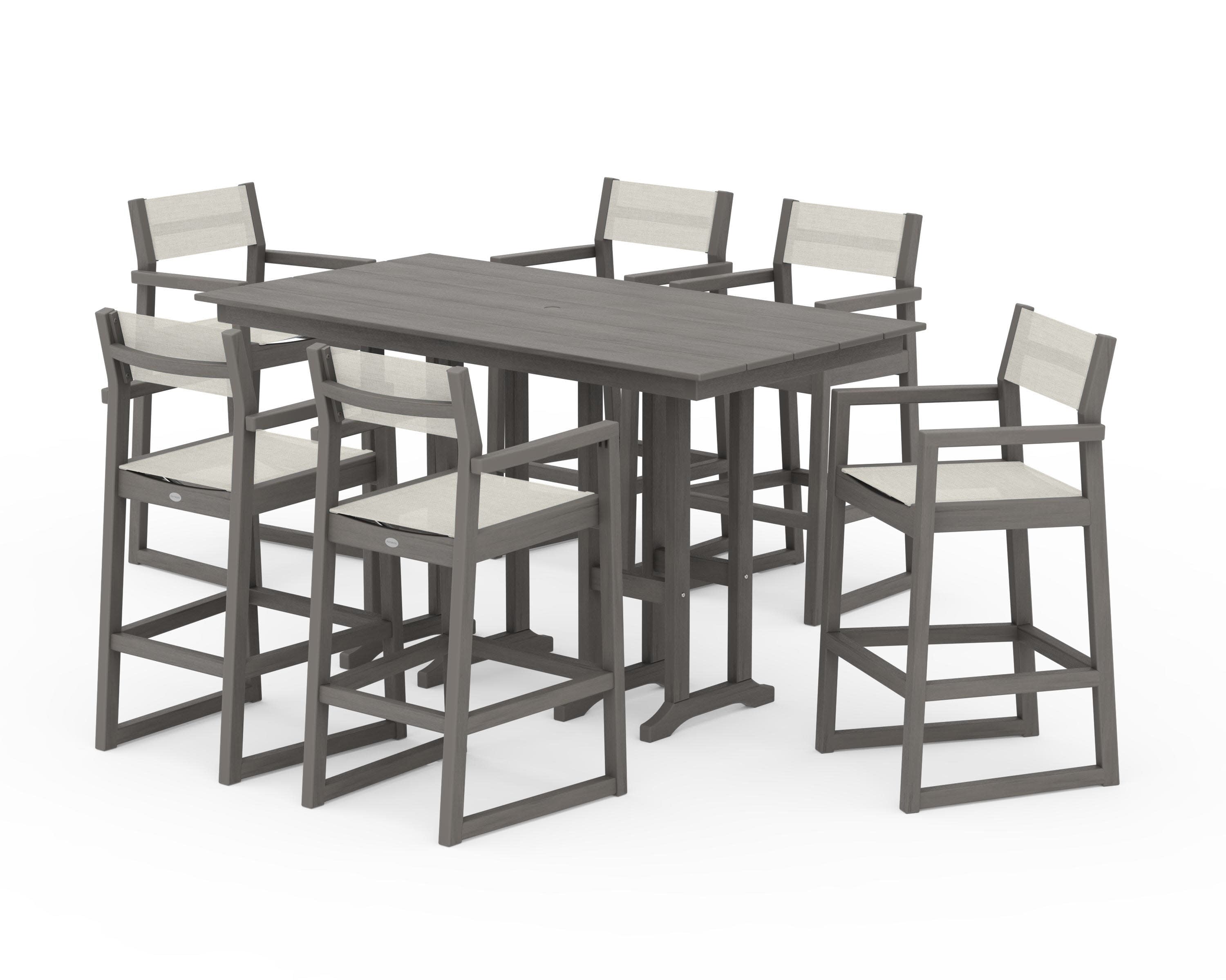 EDGE Sling Arm Chair 7-Piece Farmhouse Bar Set in Driftwood / Parchment Sling