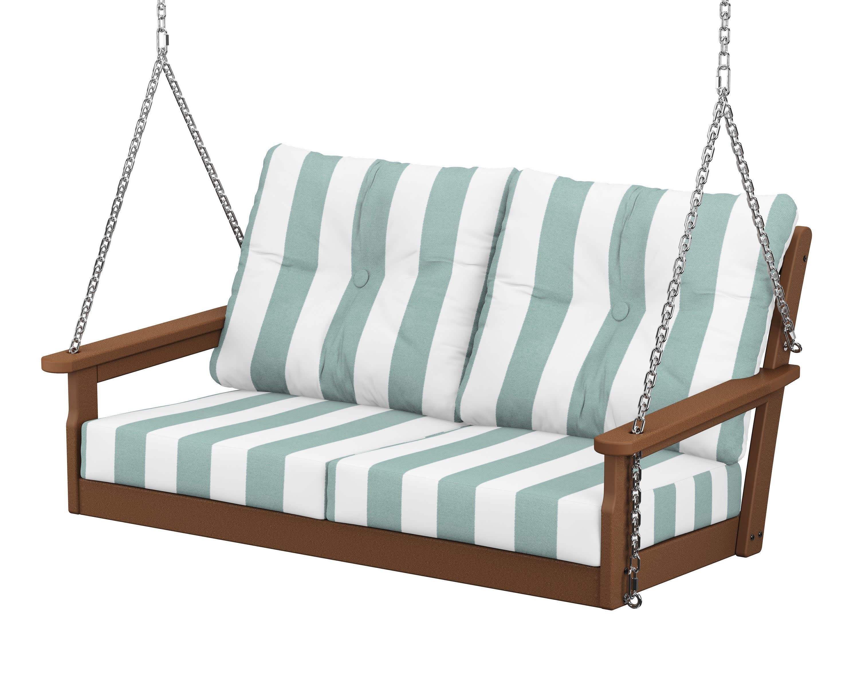 Vineyard Deep Seating Swing in Teak / Cabana Stripe Glacier Spa