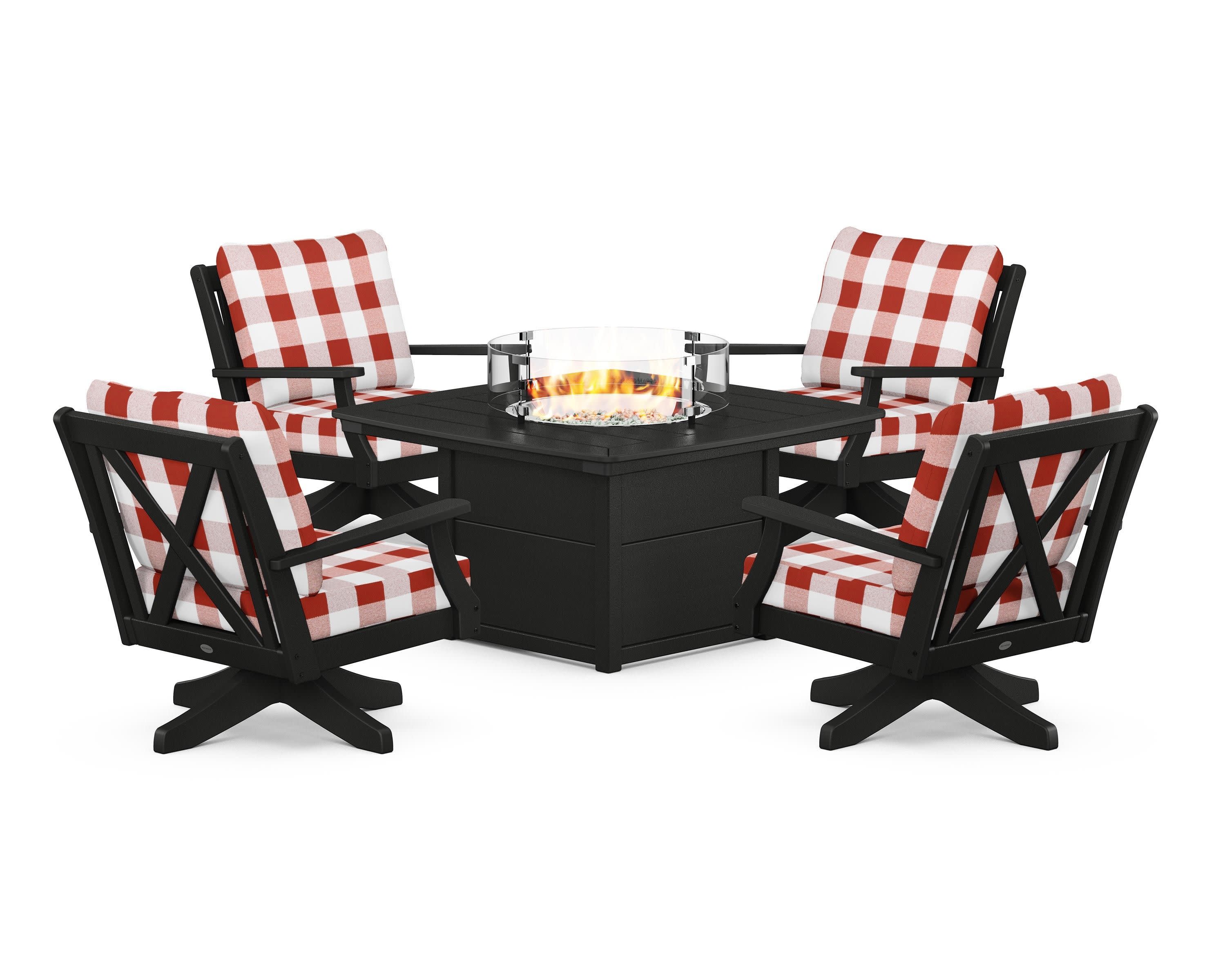 Braxton 5-Piece Deep Seating Swivel Conversation Set with Fire Pit Table in Black / Buffalo Plaid Crimson