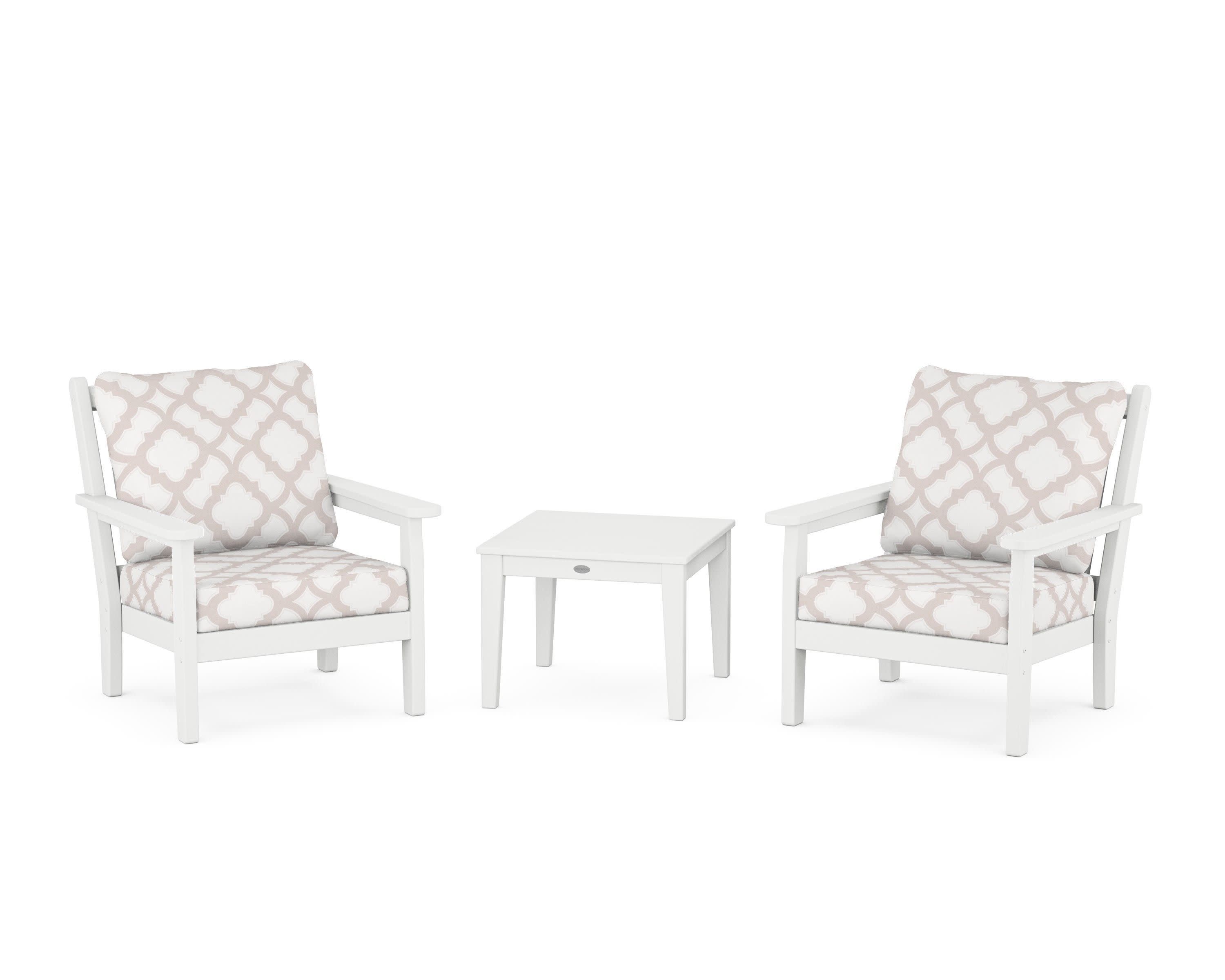 Chippendale 3-Piece Deep Seating Set in White / Trellis Dune Burlap