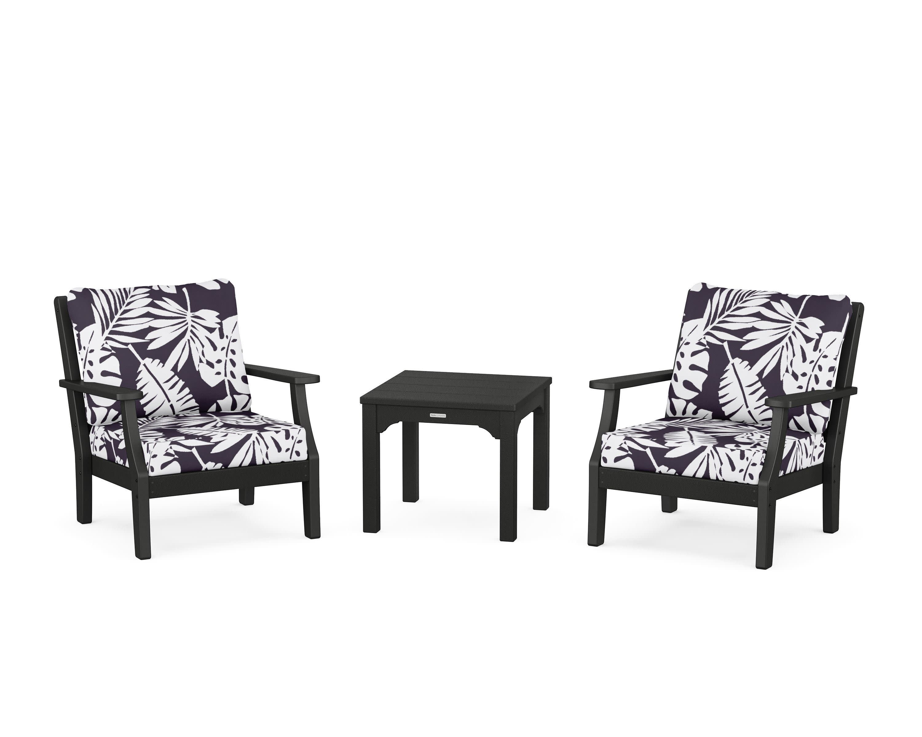 Chinoiserie 3-Piece Deep Seating Set in Black / Leaf Navy