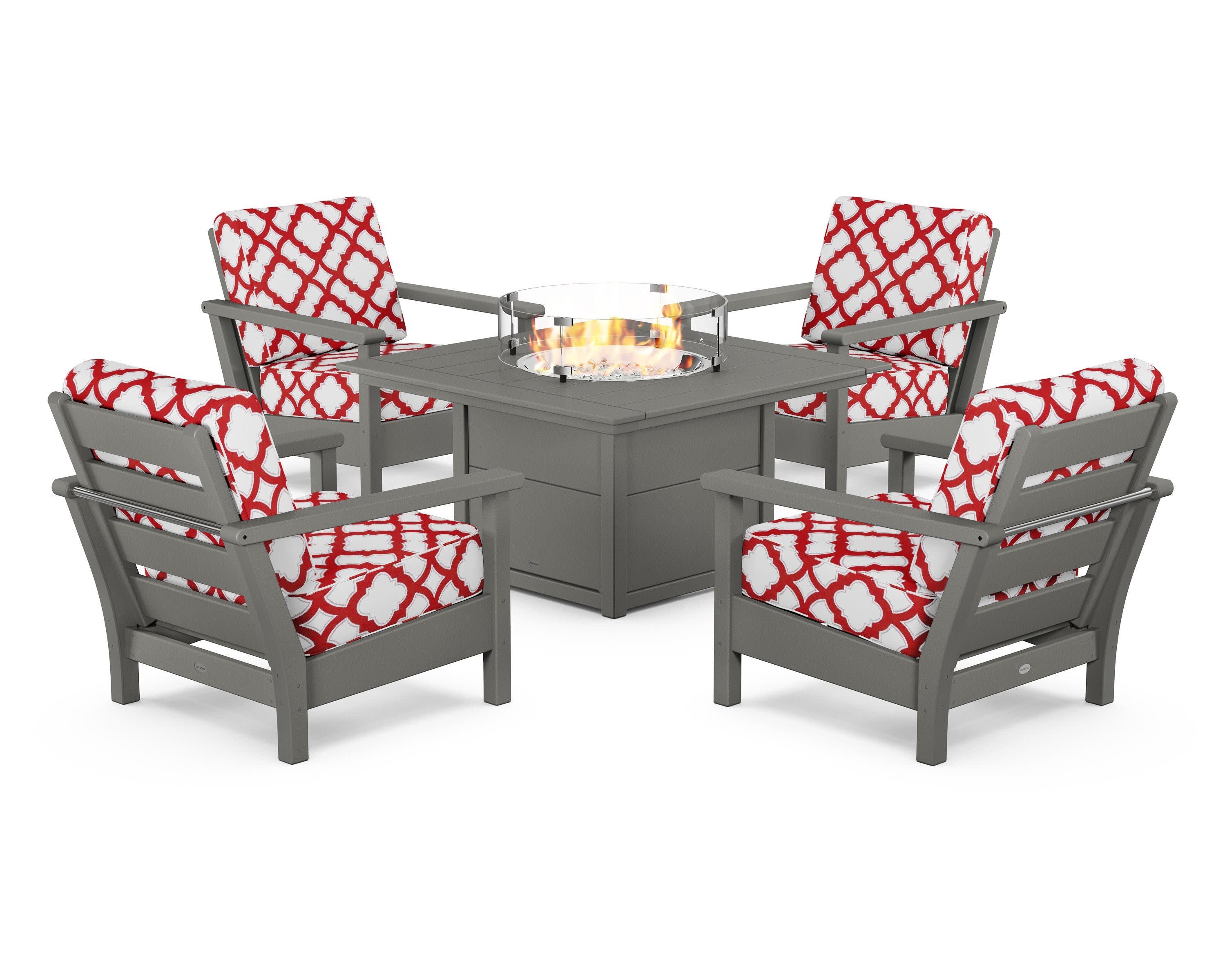 Harbour 5-Piece Conversation Set with Fire Pit Table in Slate Grey / Trellis Crimson