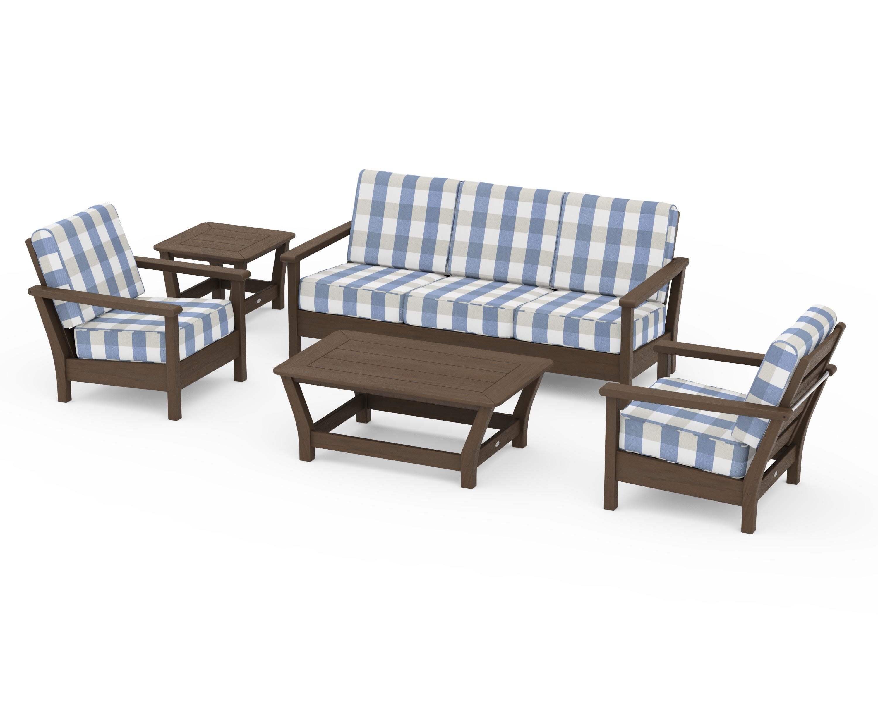 Harbour 5-Piece Deep Seating Set in Kona / Buffalo Plaid Sky Blue