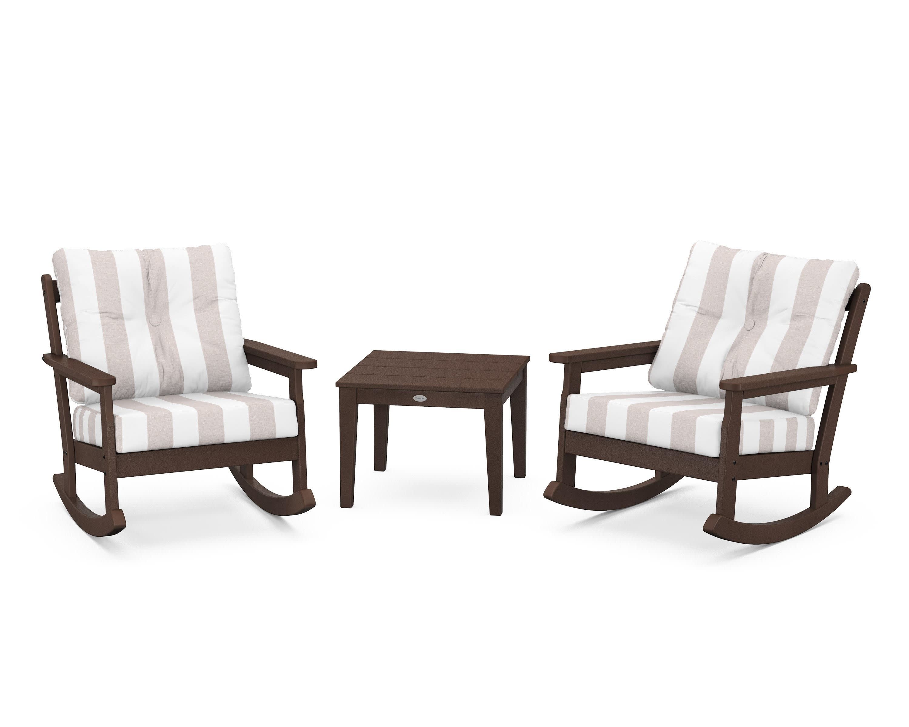 Vineyard 3-Piece Deep Seating Rocker Set in Mahogany / Cabana Stripe Dune Burlap