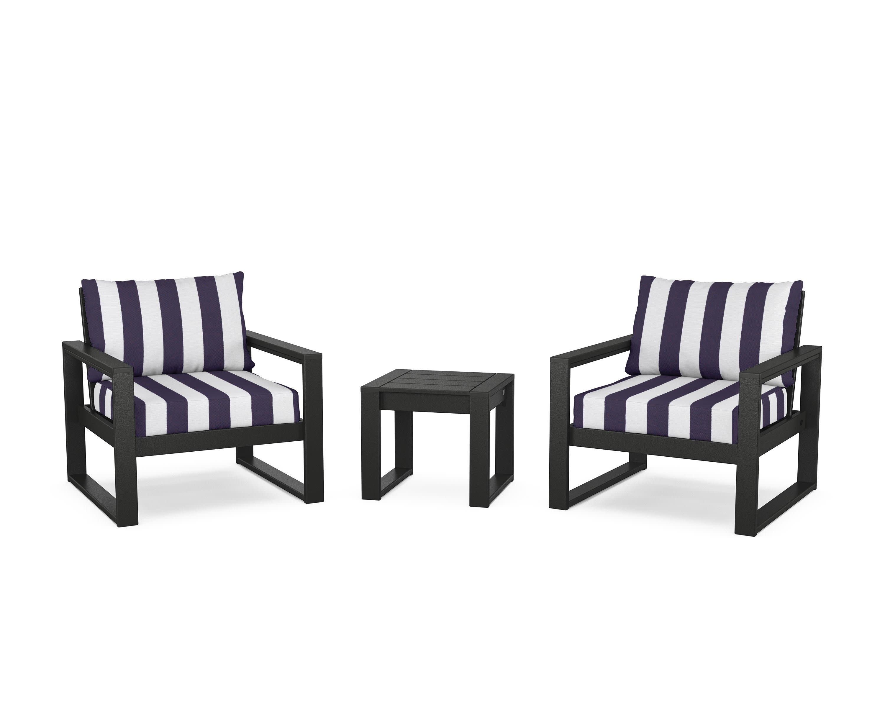 EDGE Sectional 3-Piece Deep Seating Set in Black / Cabana Stripe Navy