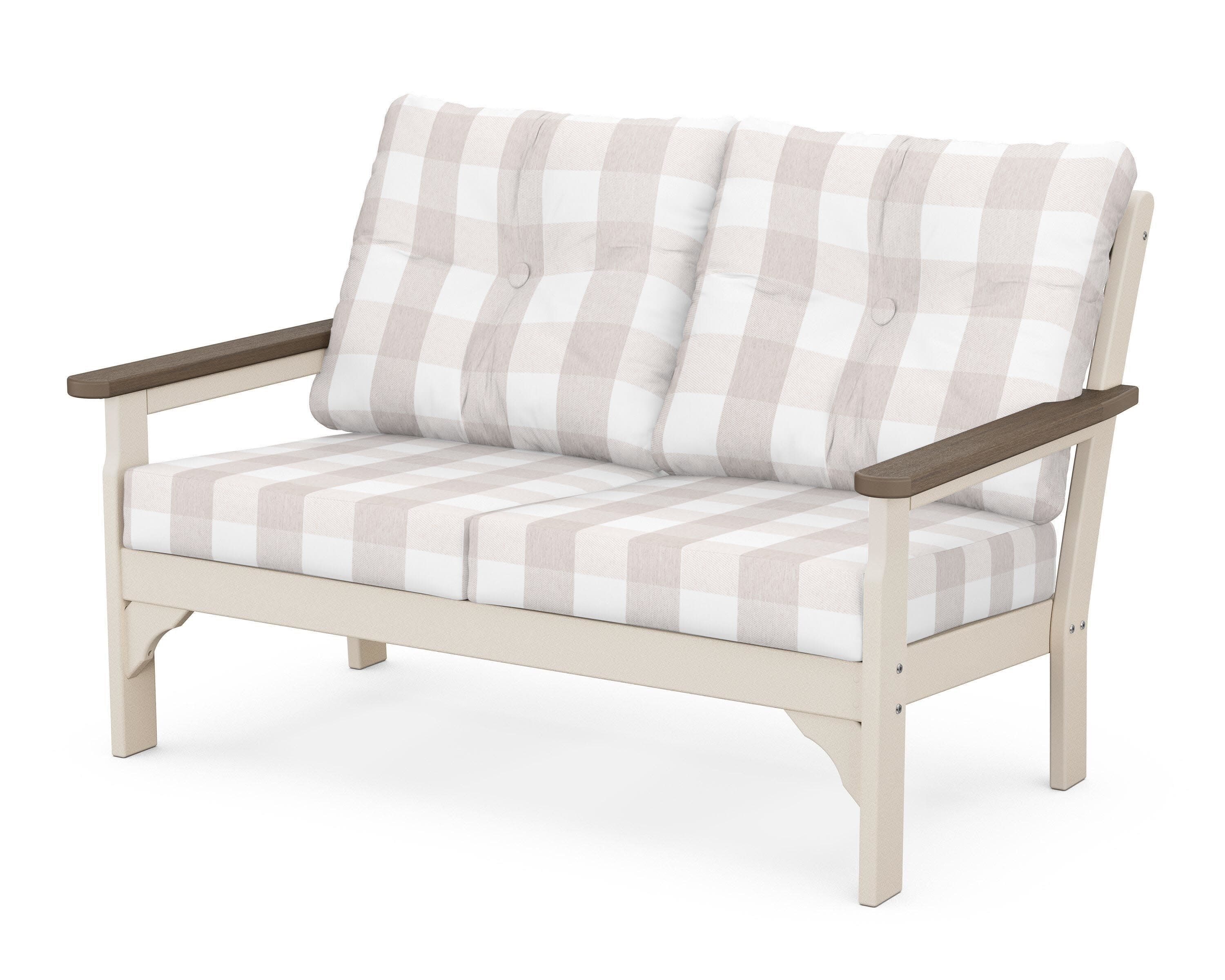 Vineyard Deep Seating Loveseat in Sand / Kona / Buffalo Plaid Dune Burlap
