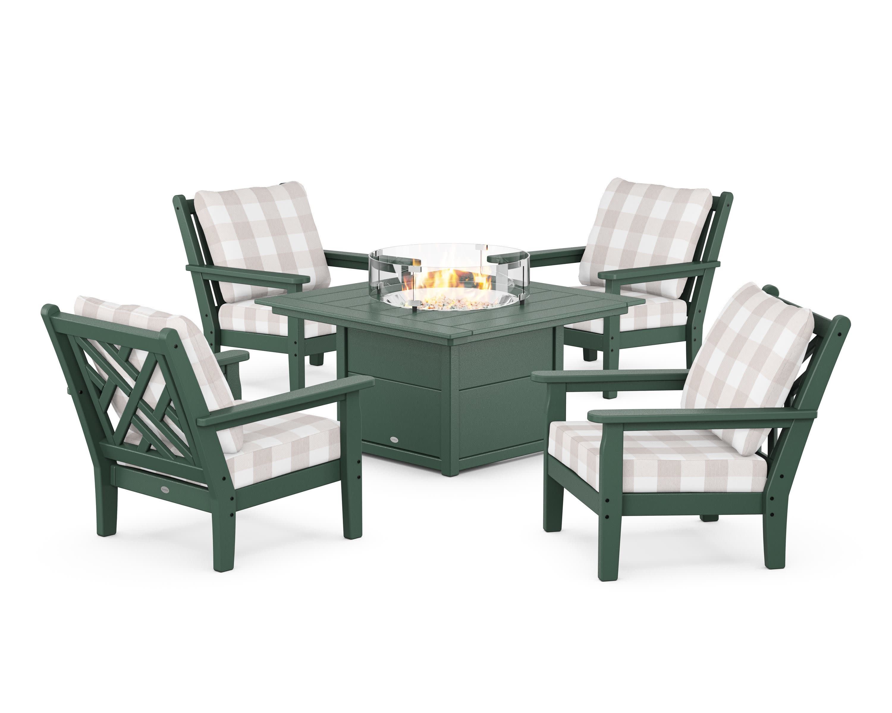 Chippendale 5-Piece Deep Seating Set with Fire Pit Table in Green / Buffalo Plaid Dune Burlap