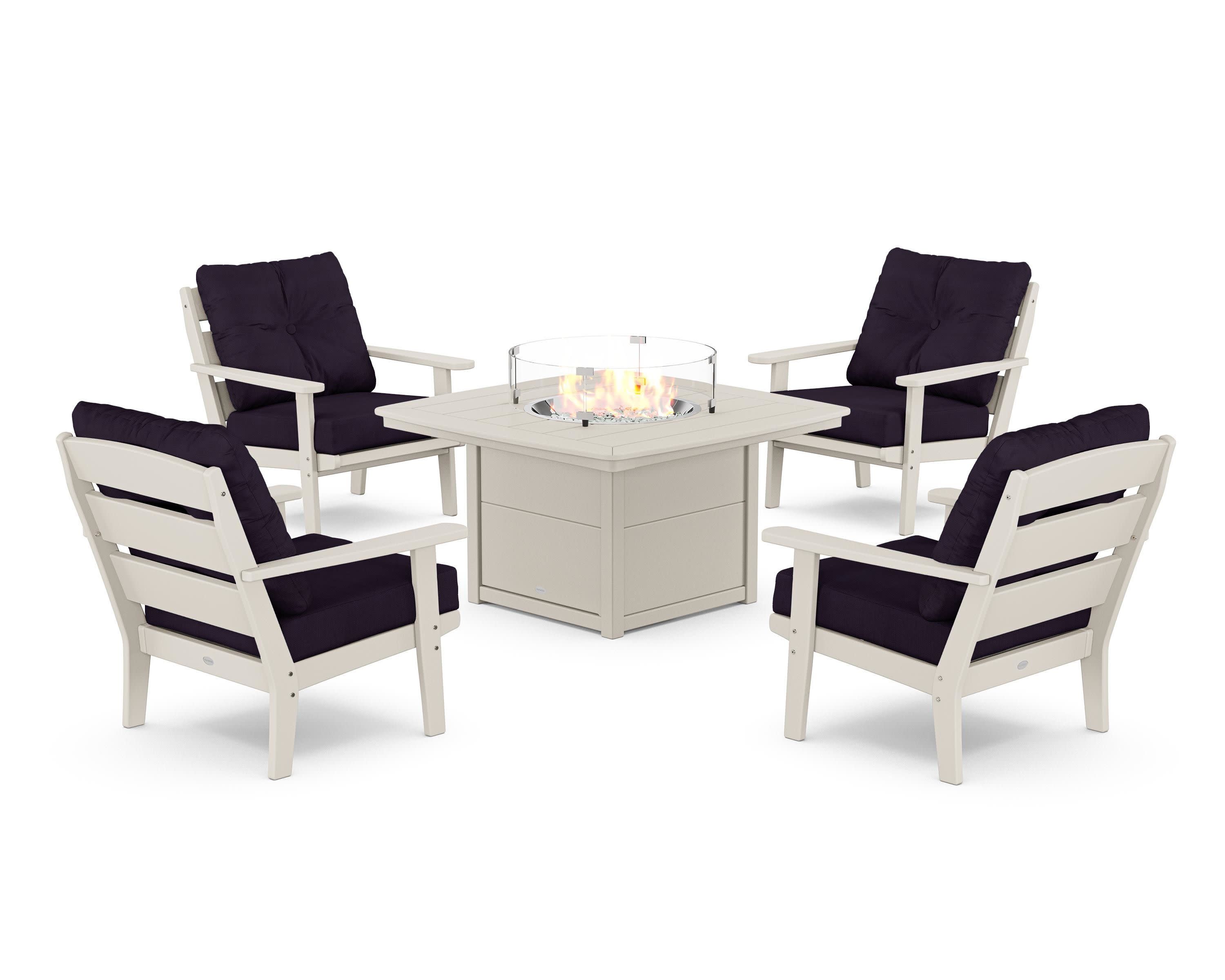 Lakeside 5-Piece Deep Seating Set with Nautical Fire Pit Table in Sand / Navy Linen