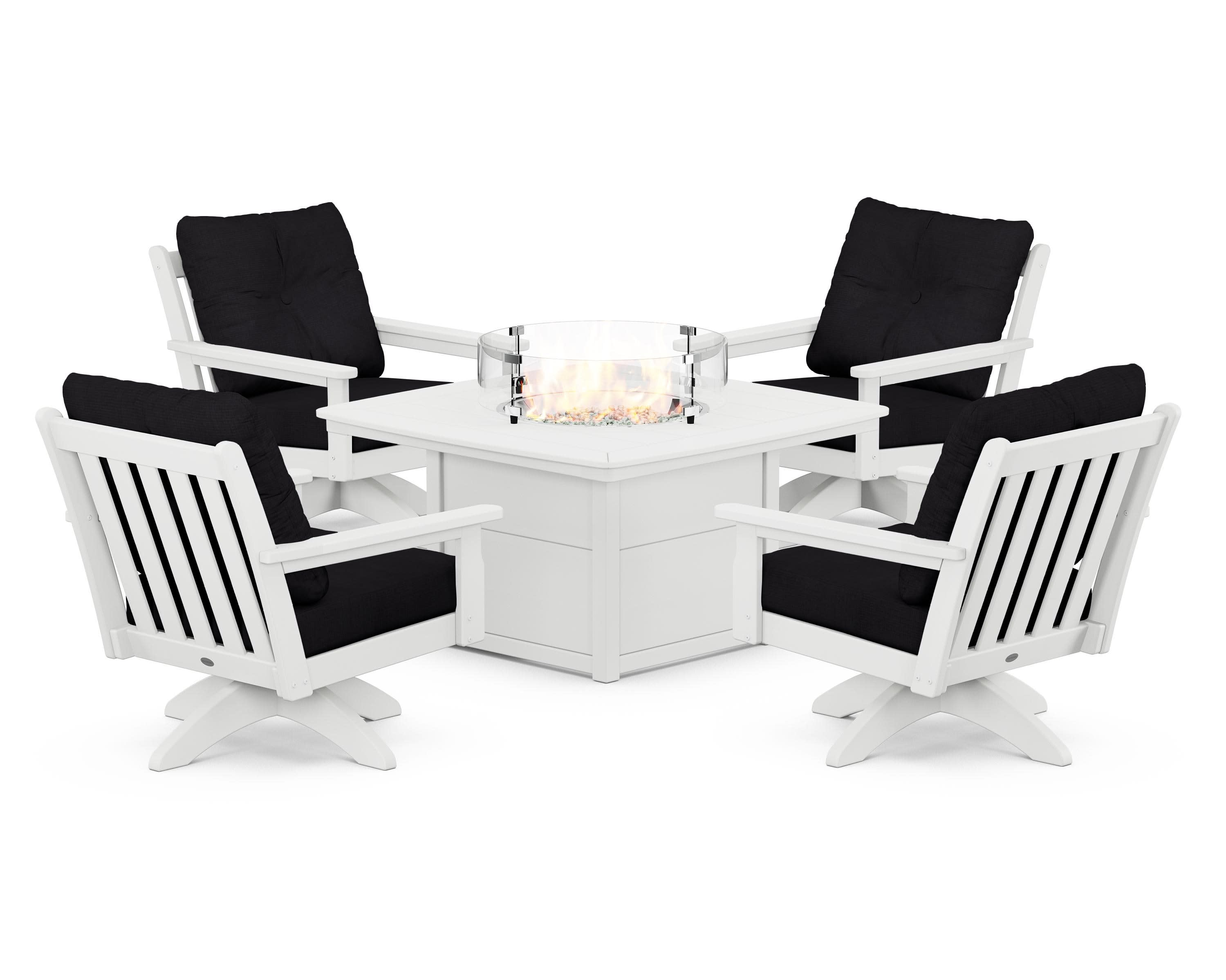 Vineyard 5-Piece Deep Seating Swivel Conversation Set with Fire Pit Table in White / Midnight Linen