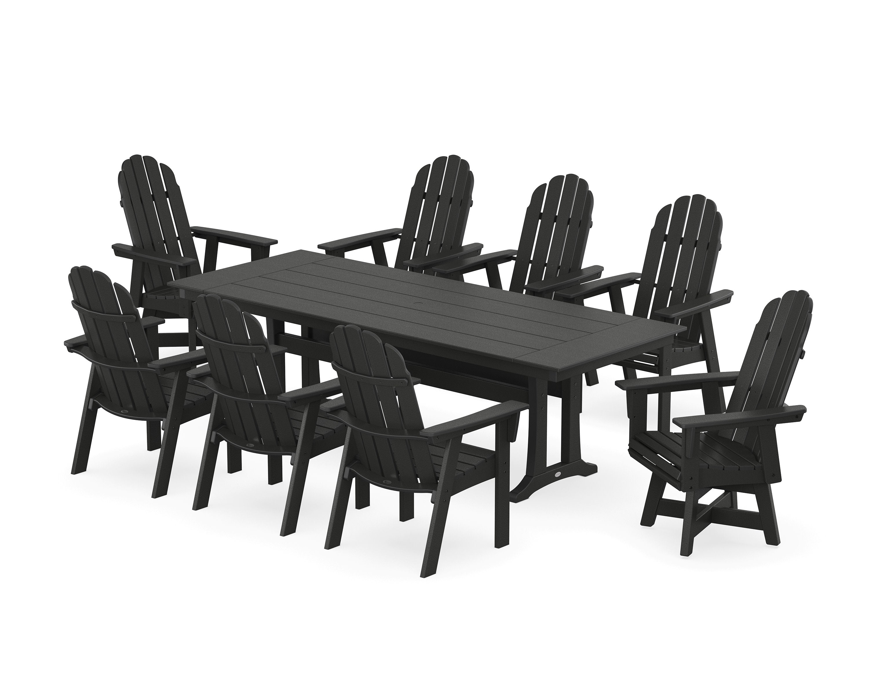 Vineyard 9-Piece Curveback Adirondack Swivel Farmhouse Dining Set with Trestle Legs in Black