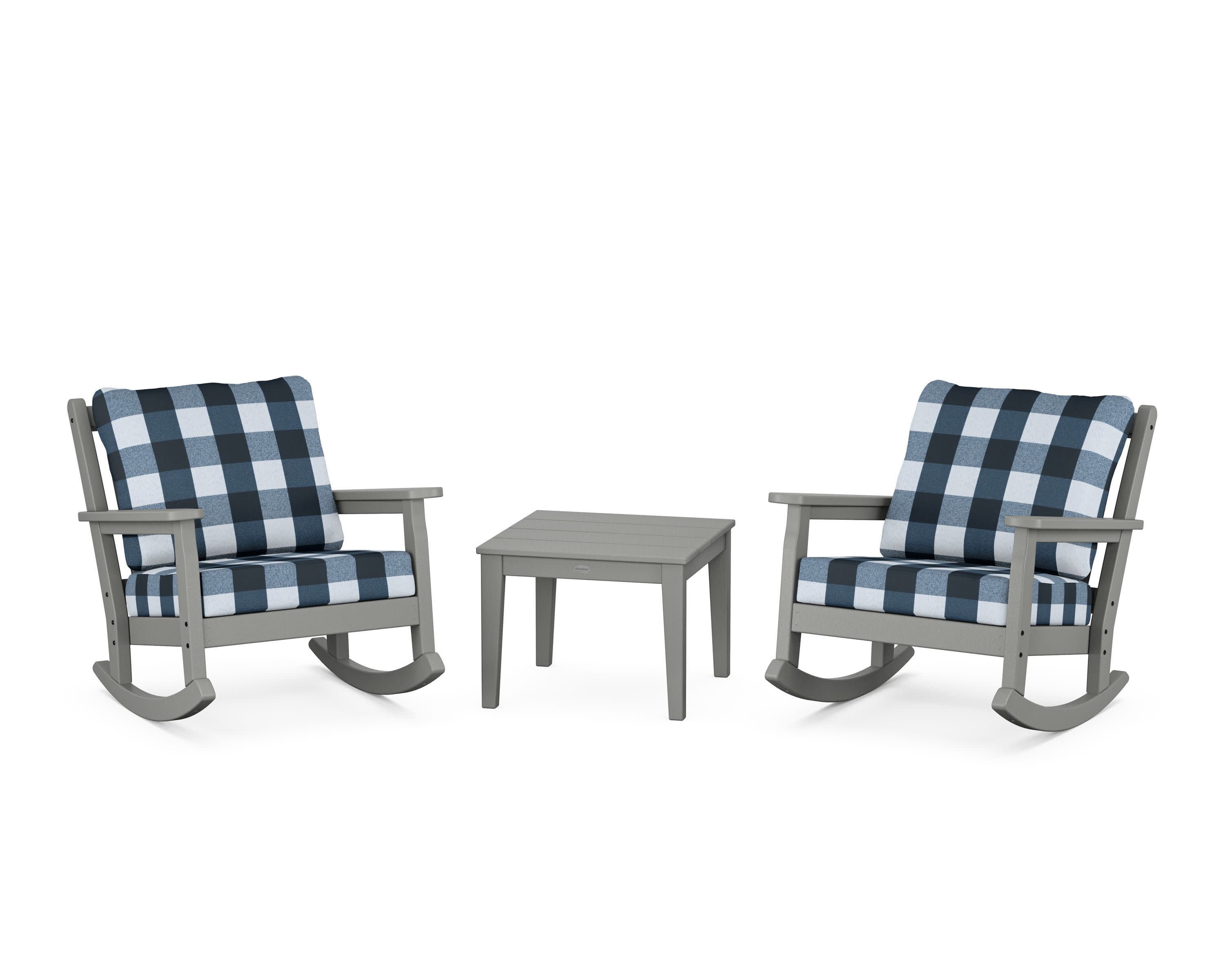 Chippendale 3-Piece Deep Seating Rocker Set in Slate Grey / Buffalo Plaid Marine Indigo