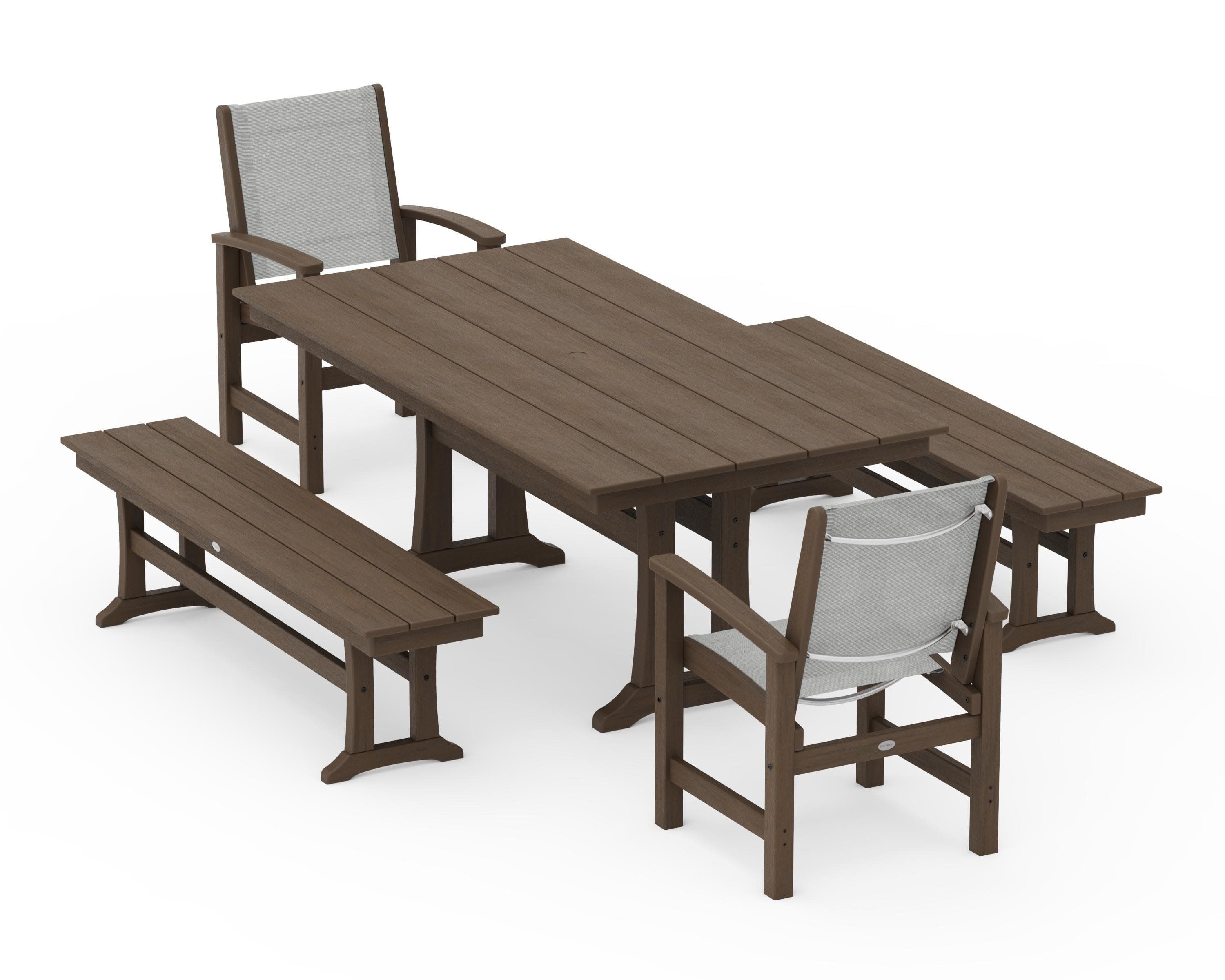 Coastal 5-Piece Farmhouse Dining Set with Trestle Legs and Benches in Kona / Metallic Sling