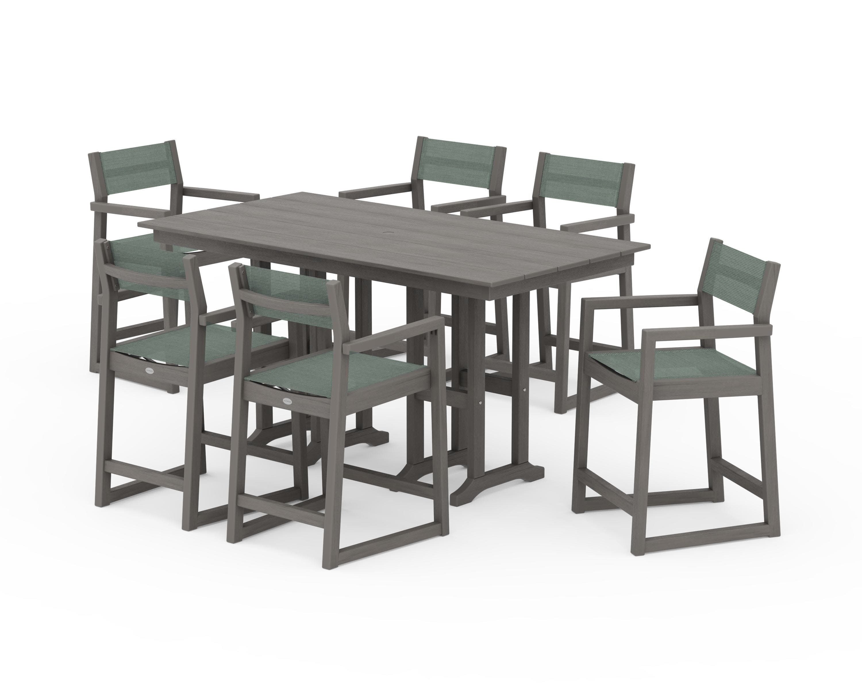 EDGE Sling Arm Chair 7-Piece Farmhouse Counter Set in Driftwood / Dupioni Sea Mist Sling