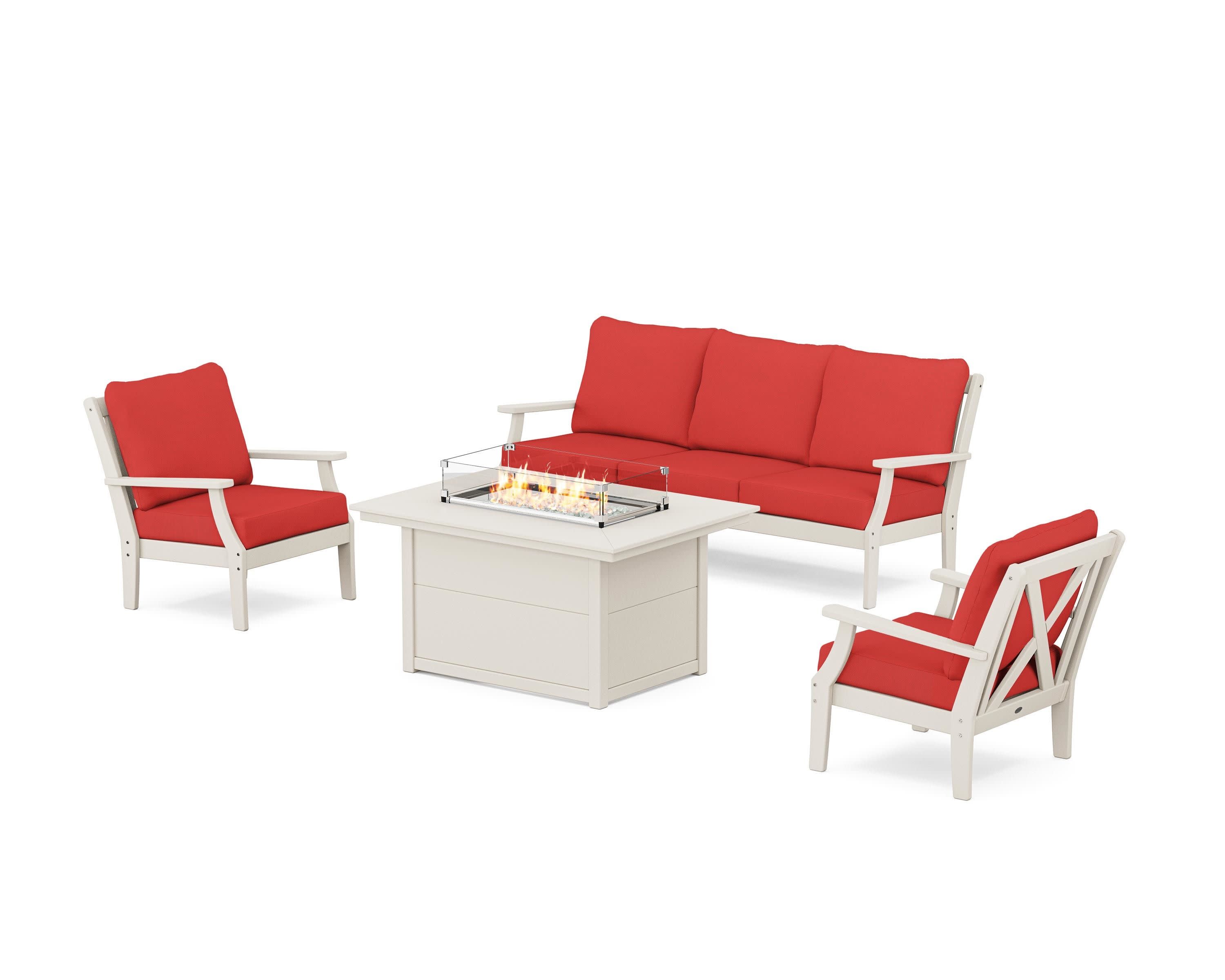 Braxton Deep Seating Fire Pit Table Set in Sand / Crimson Linen