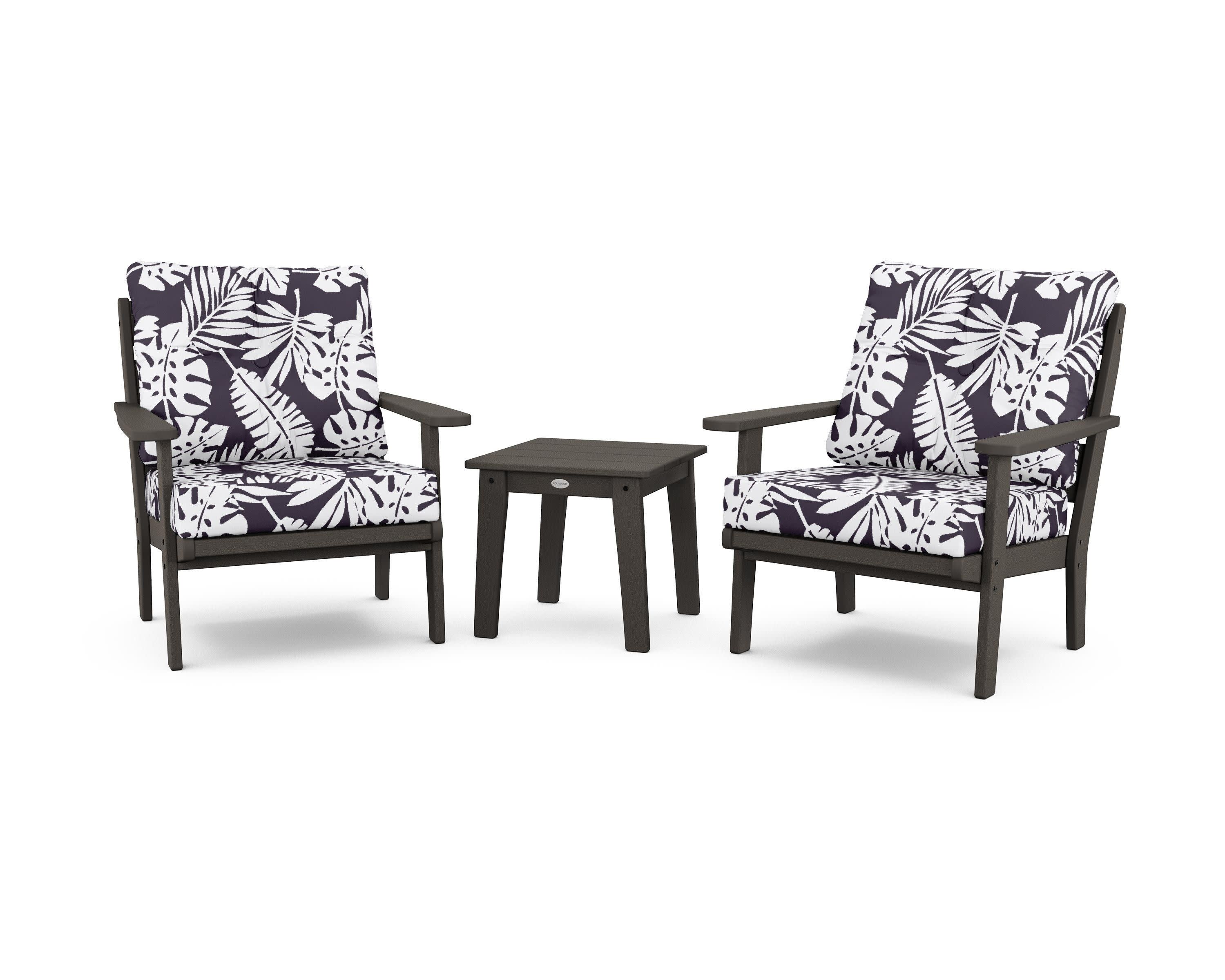 Lakeside 3-Piece Deep Seating Chair Set in Vintage Coffee / Leaf Navy