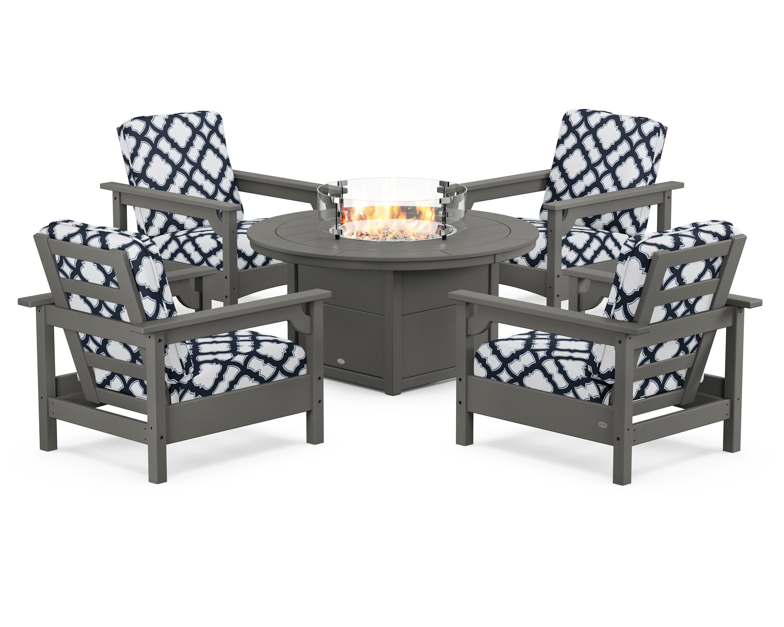 Club 5-Piece Conversation Set with Fire Pit Table in Slate Grey / Trellis Marine Indigo