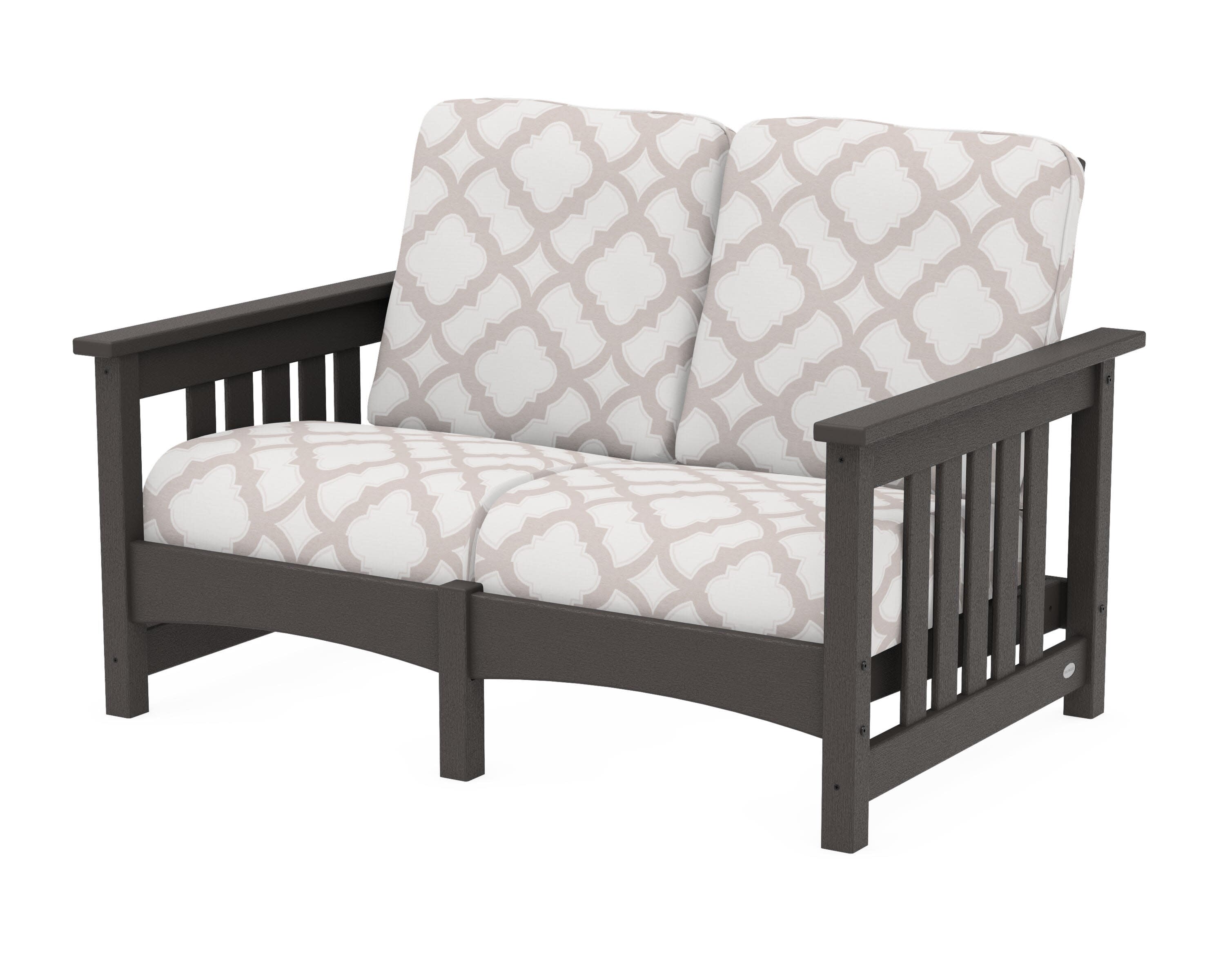 Club Mission Loveseat in Vintage Coffee / Trellis Dune Burlap