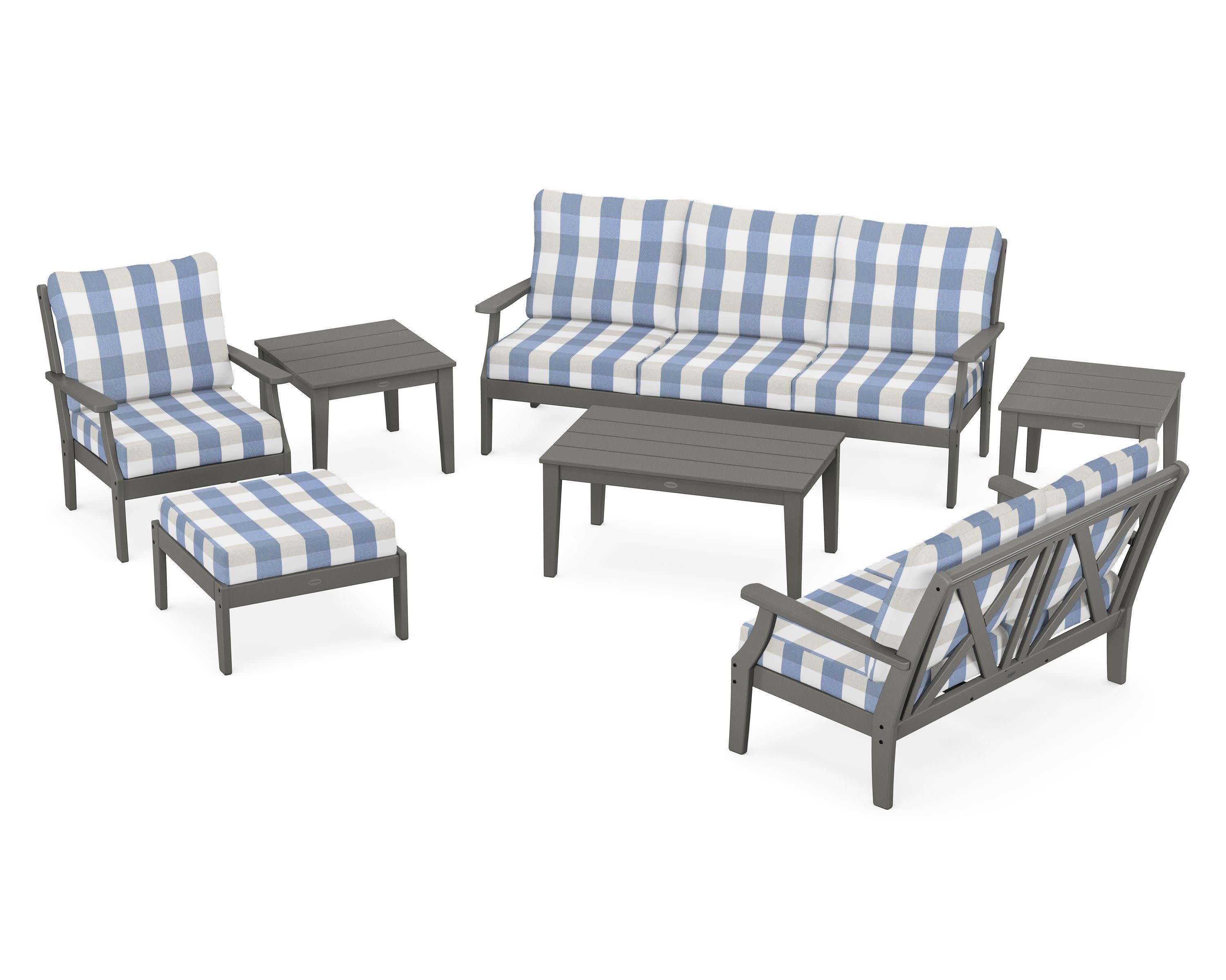 Braxton 7-Piece Deep Seating Set in Slate Grey / Buffalo Plaid Sky Blue