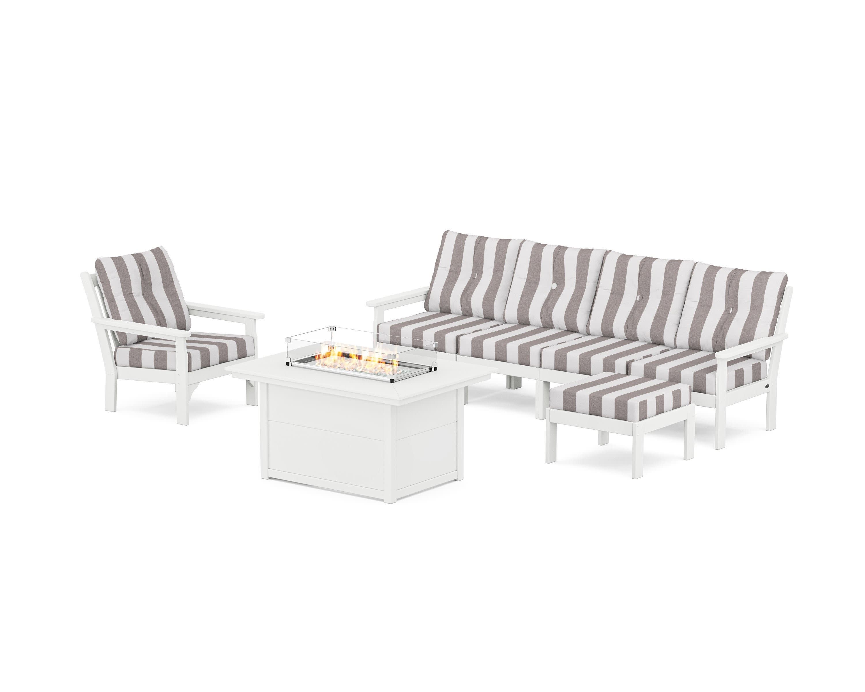 Vineyard Sectional Lounge and Fire Pit Set in White / Cabana Stripe Grey Mist