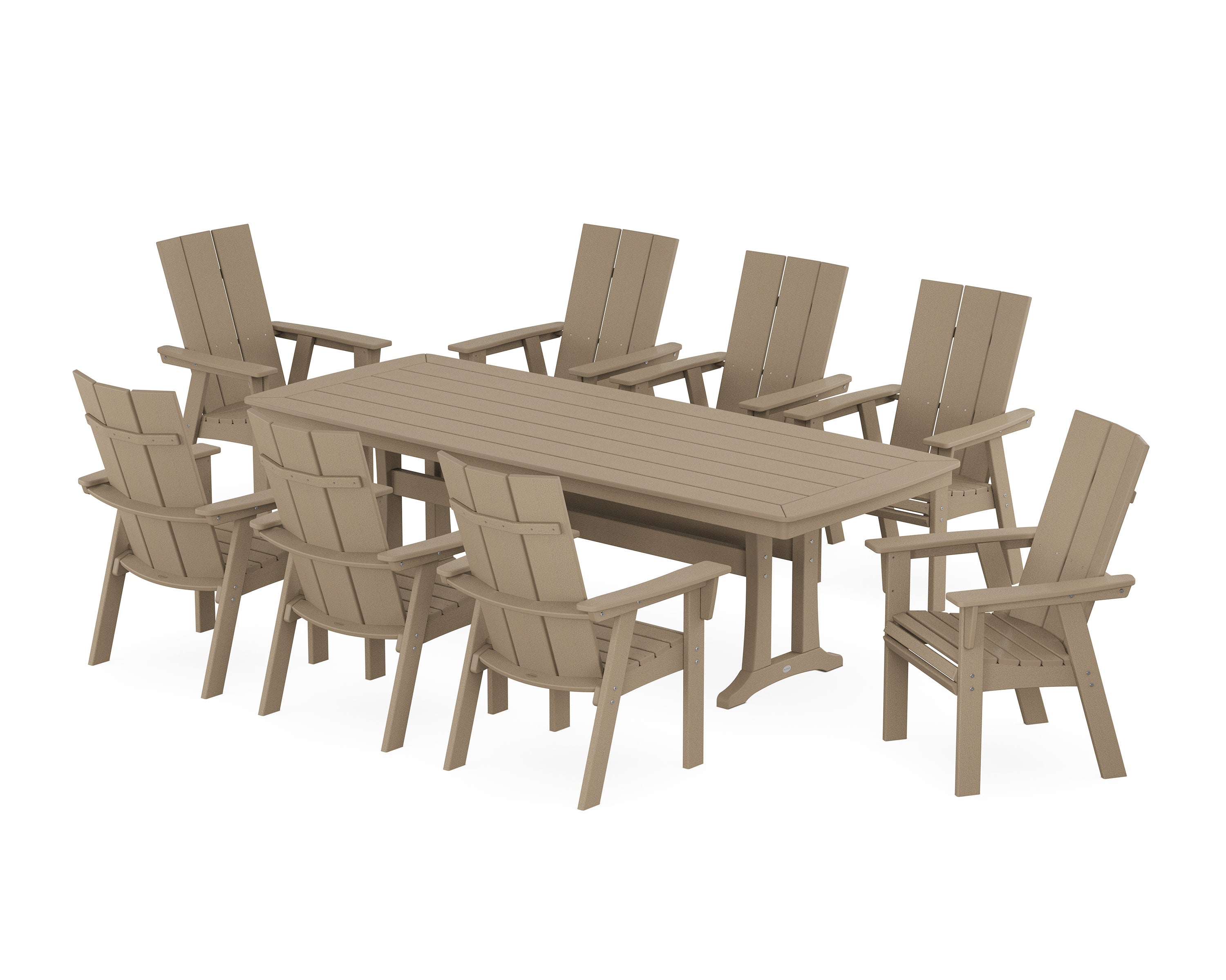 Modern Curveback Adirondack 9-Piece Dining Set with Trestle Legs in Vintage Sahara