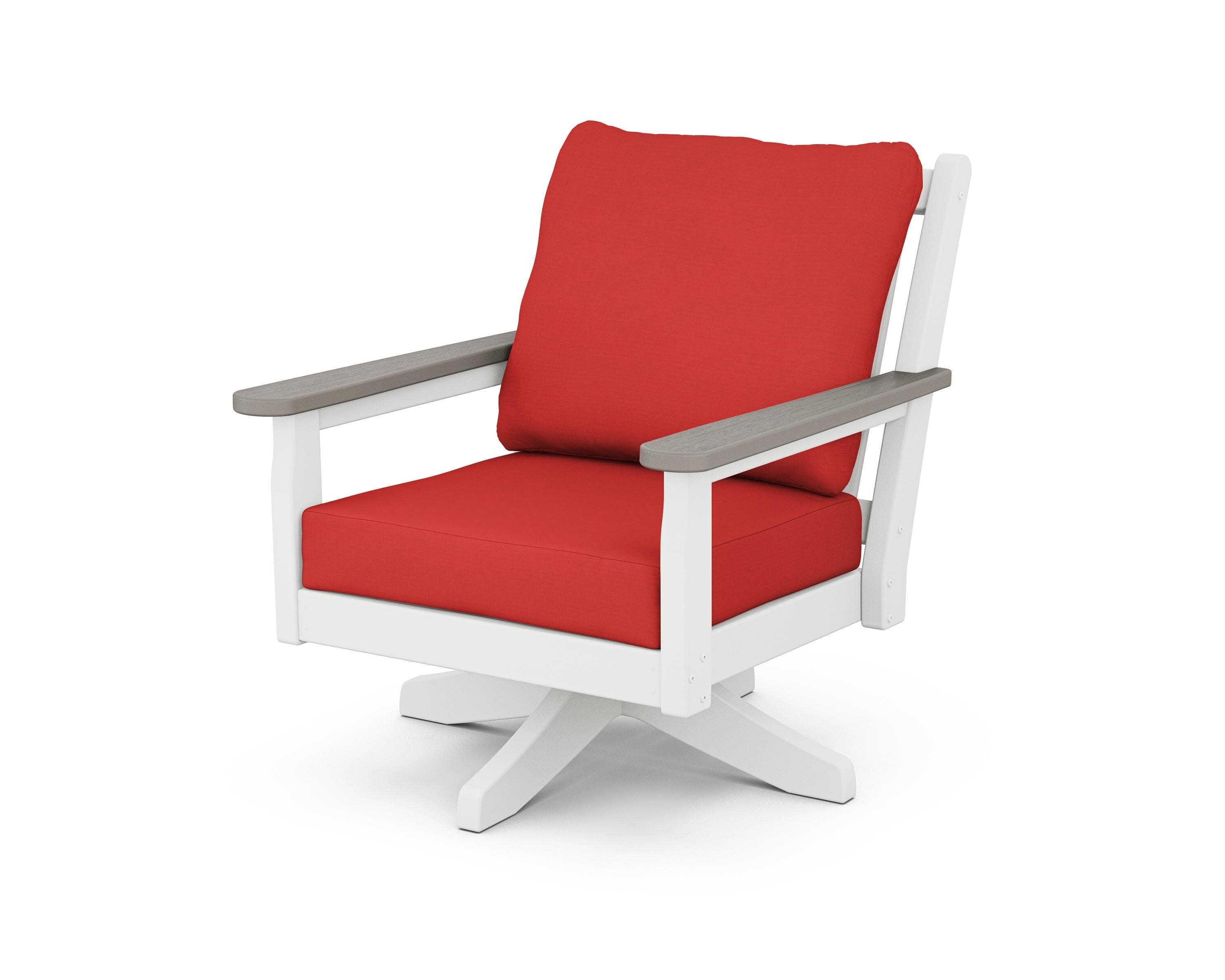 Chippendale Deep Seating Swivel Chair in White / Driftwood / Crimson Linen