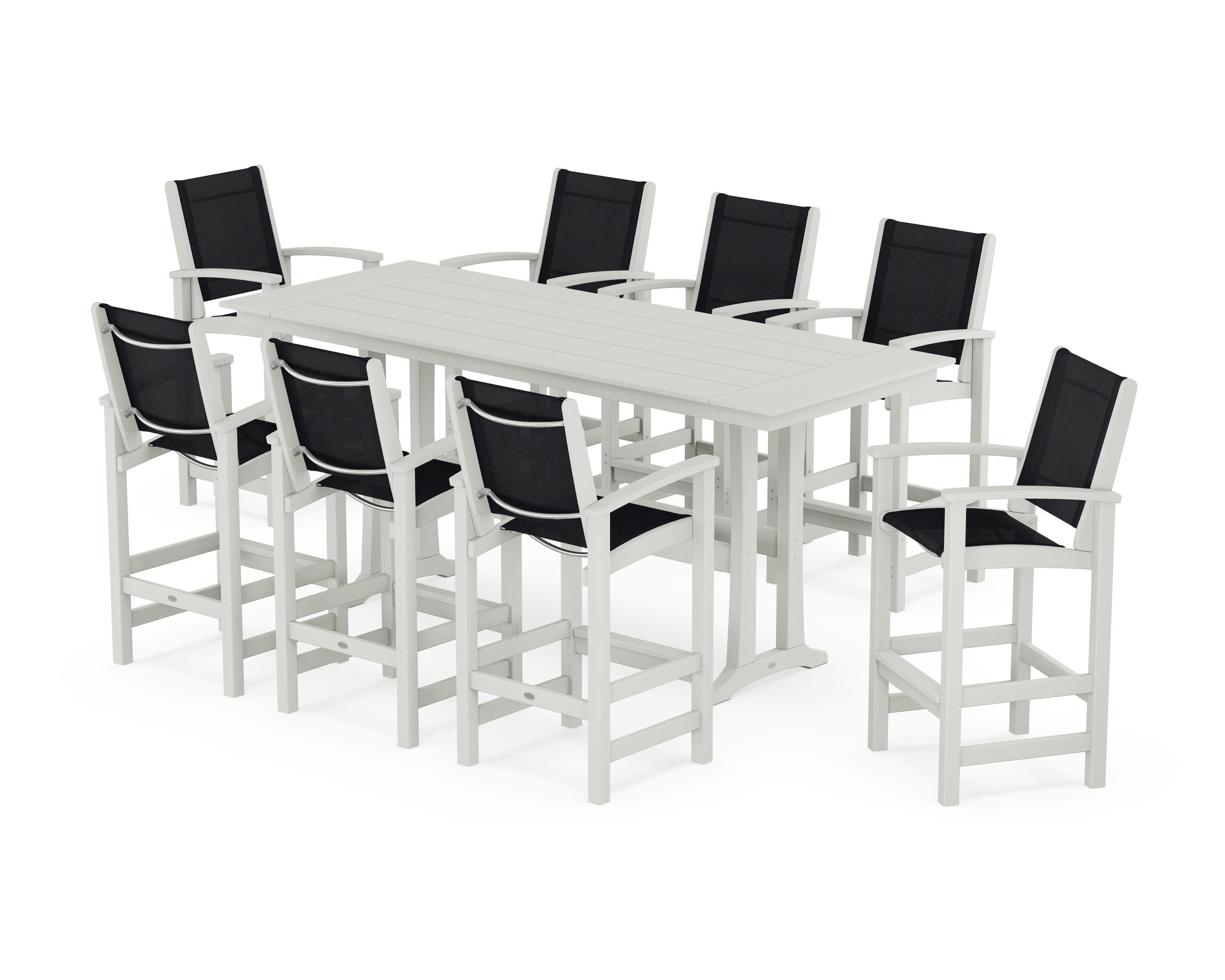 Coastal 9-Piece Farmhouse Bar Set with Trestle Legs in Vintage White / Black Sling