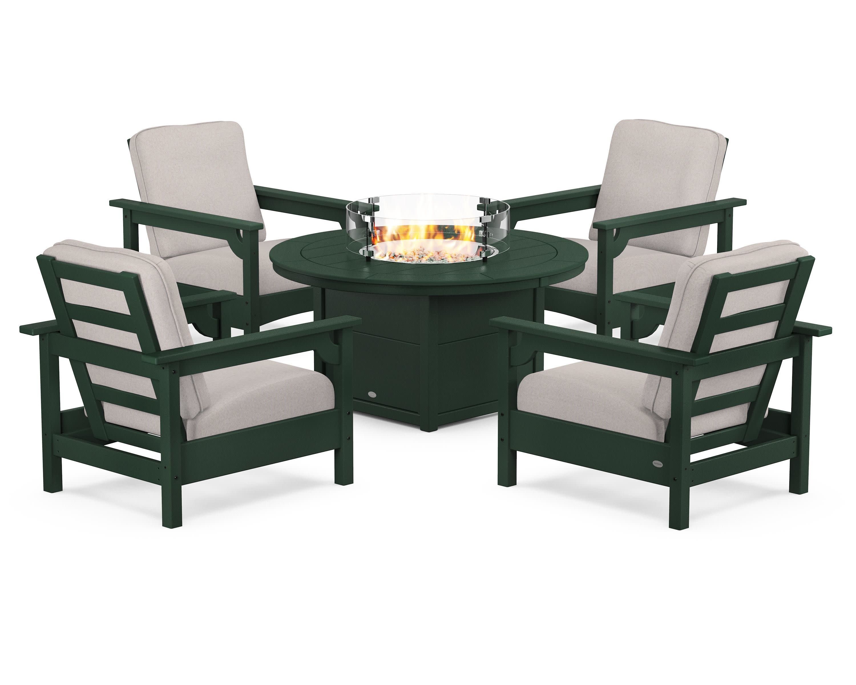 Club 5-Piece Conversation Set with Fire Pit Table in Green / Dune Burlap