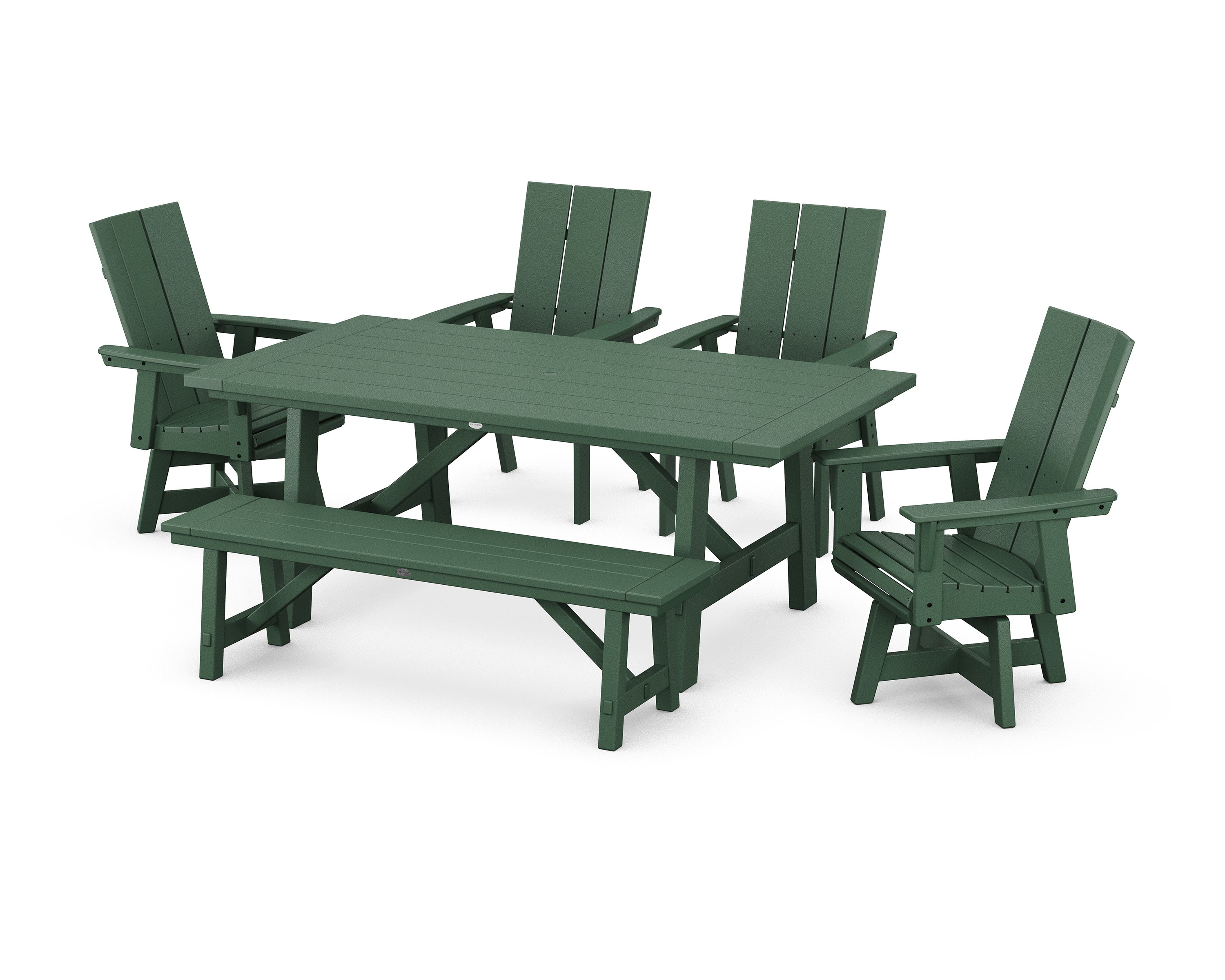 Modern Curveback Adirondack Swivel Chair 6-Piece Rustic Farmhouse Dining Set with Bench in Green