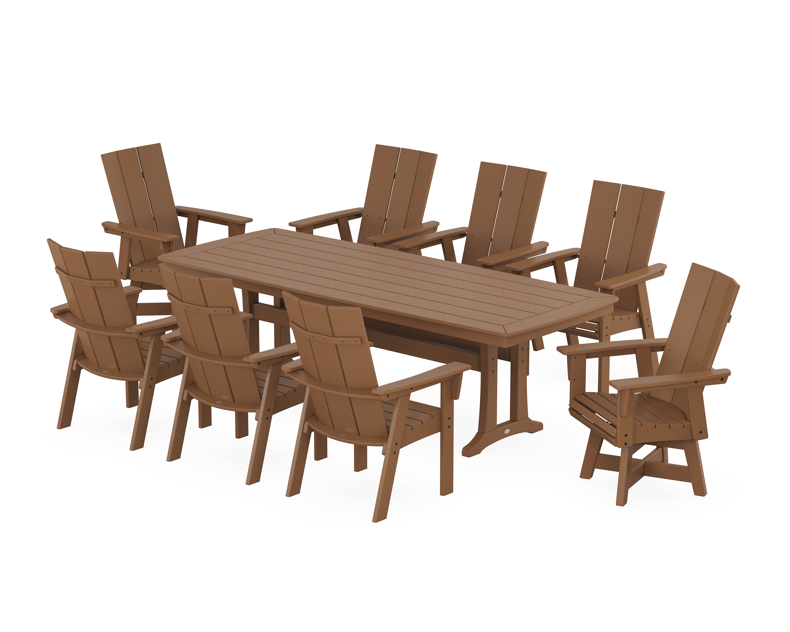Modern Curveback Adirondack Swivel 9-Piece Dining Set with Trestle Legs in Teak