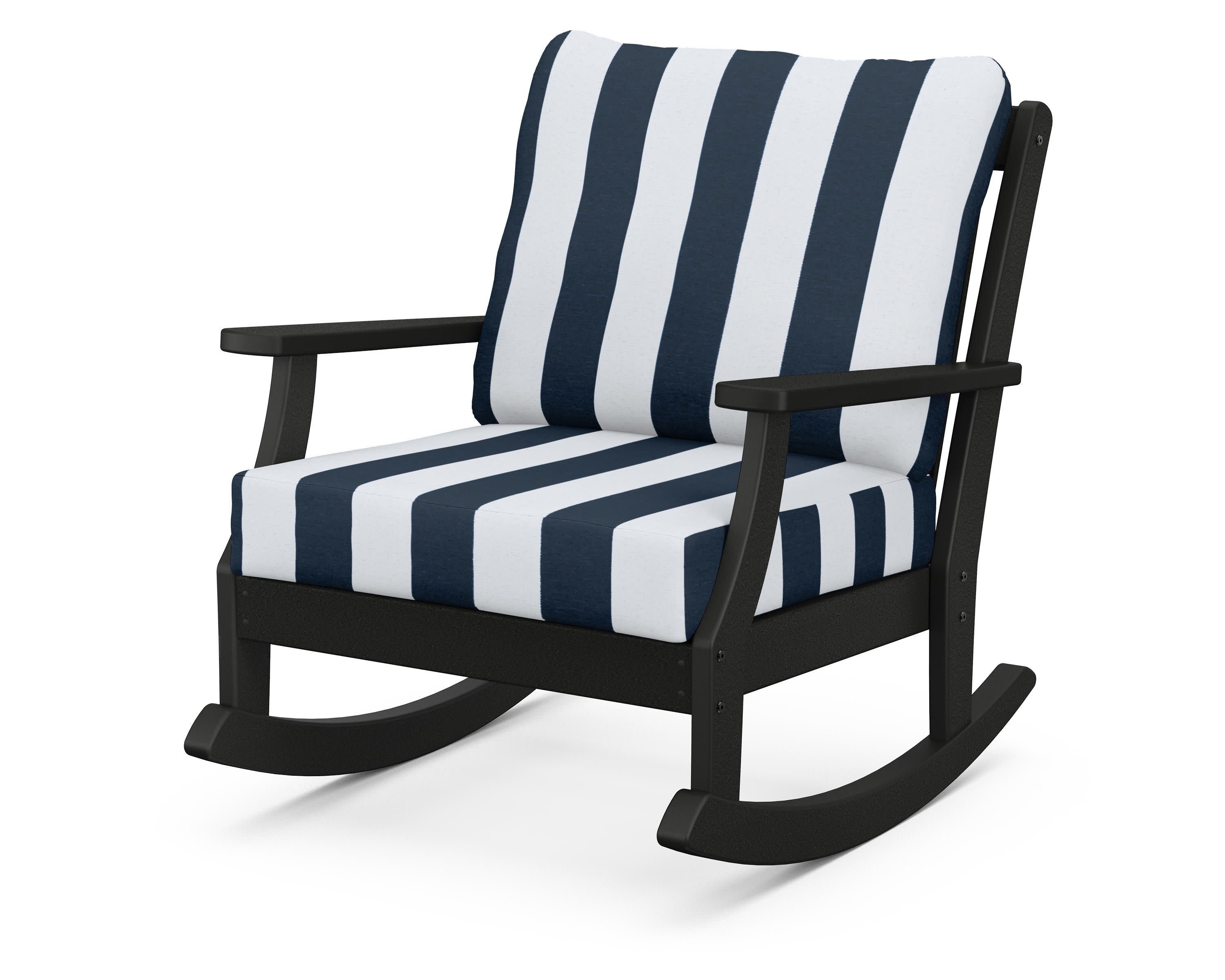 Braxton Deep Seating Rocking Chair in Black / Cabana Stripe Marine Indigo