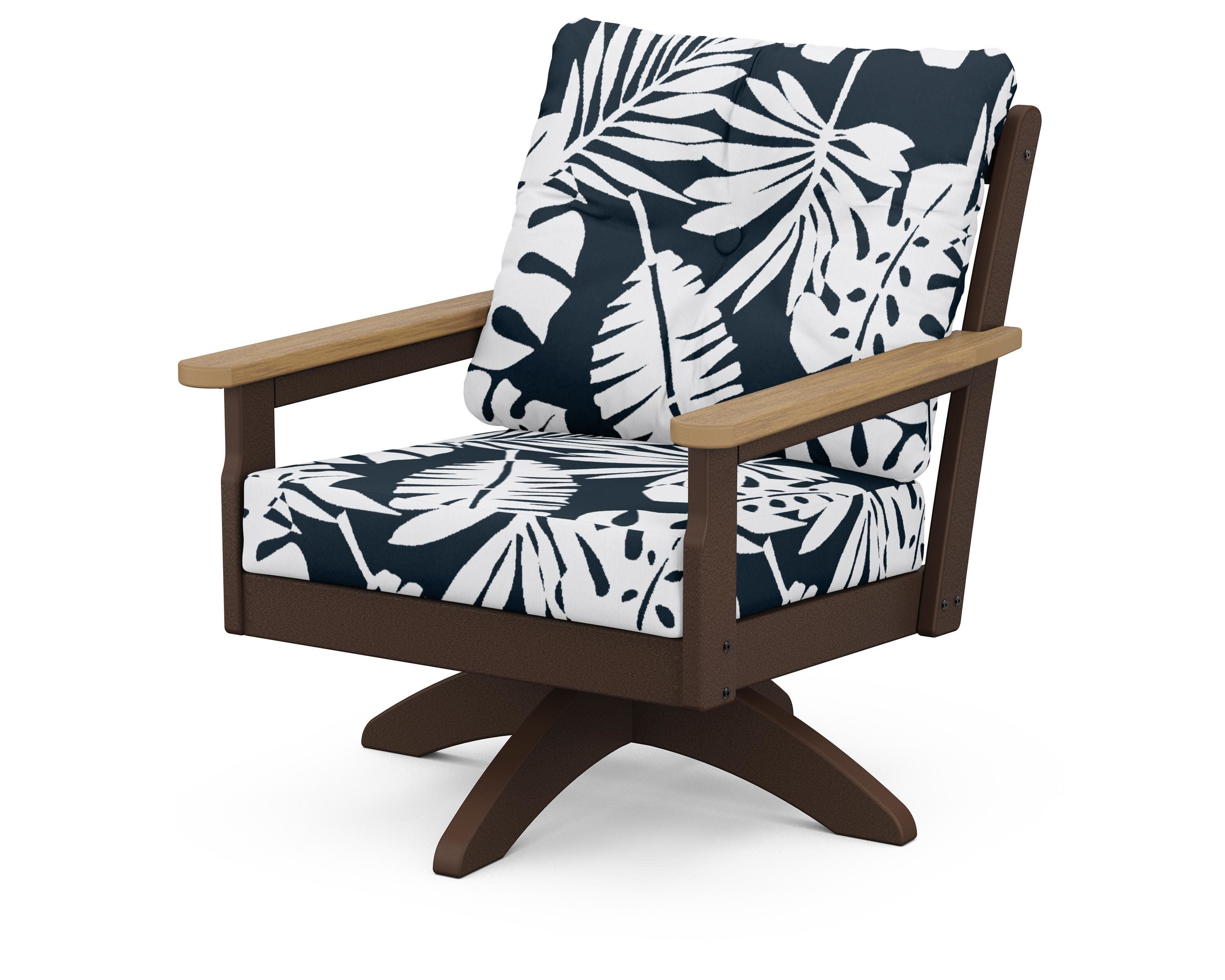 Vineyard Deep Seating Swivel Chair in Mahogany / Natural / Leaf Marine Indigo