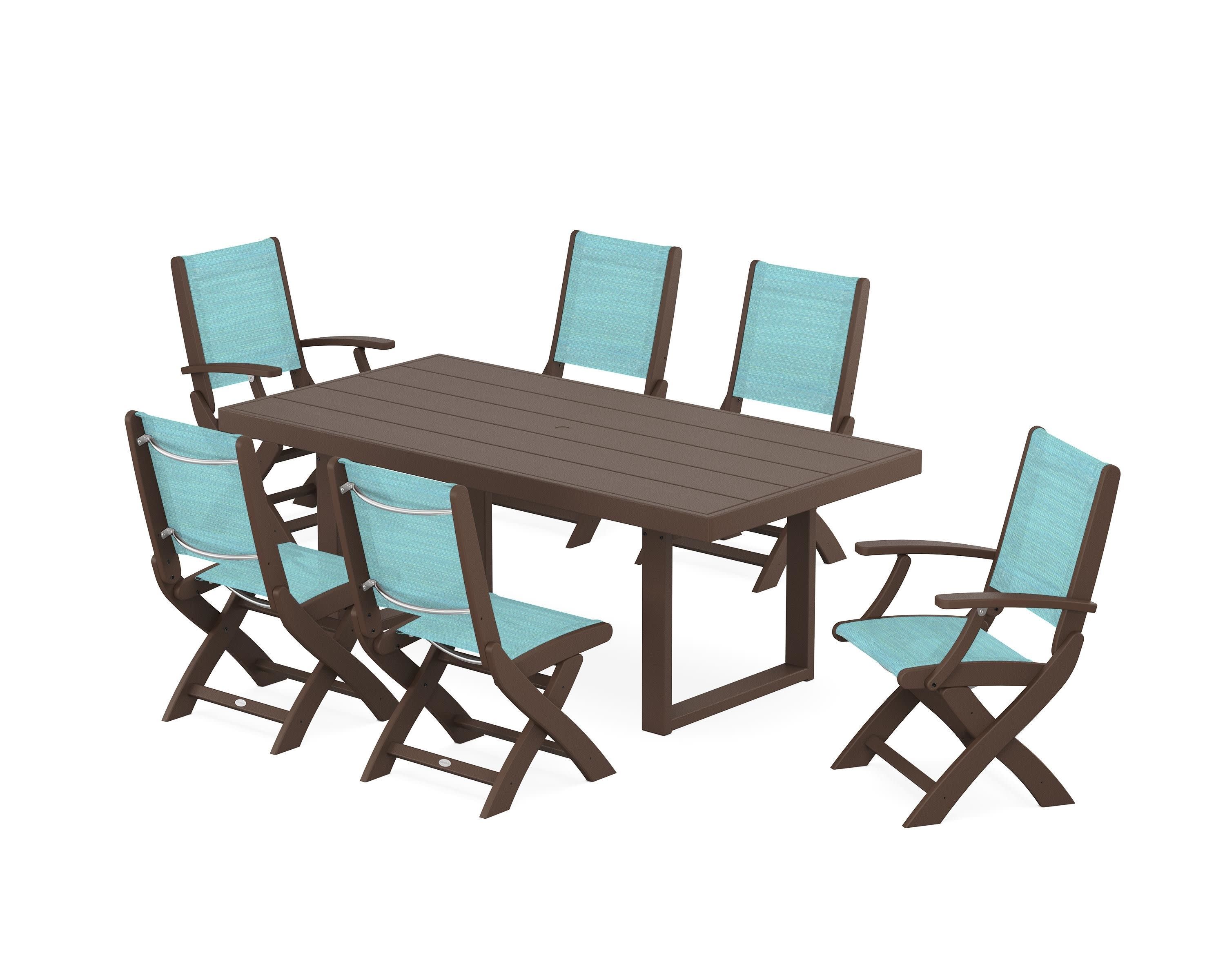 Coastal Folding Chair 7-Piece Dining Set with Trestle Legs in Mahogany / Dupioni Aquamarine Sling