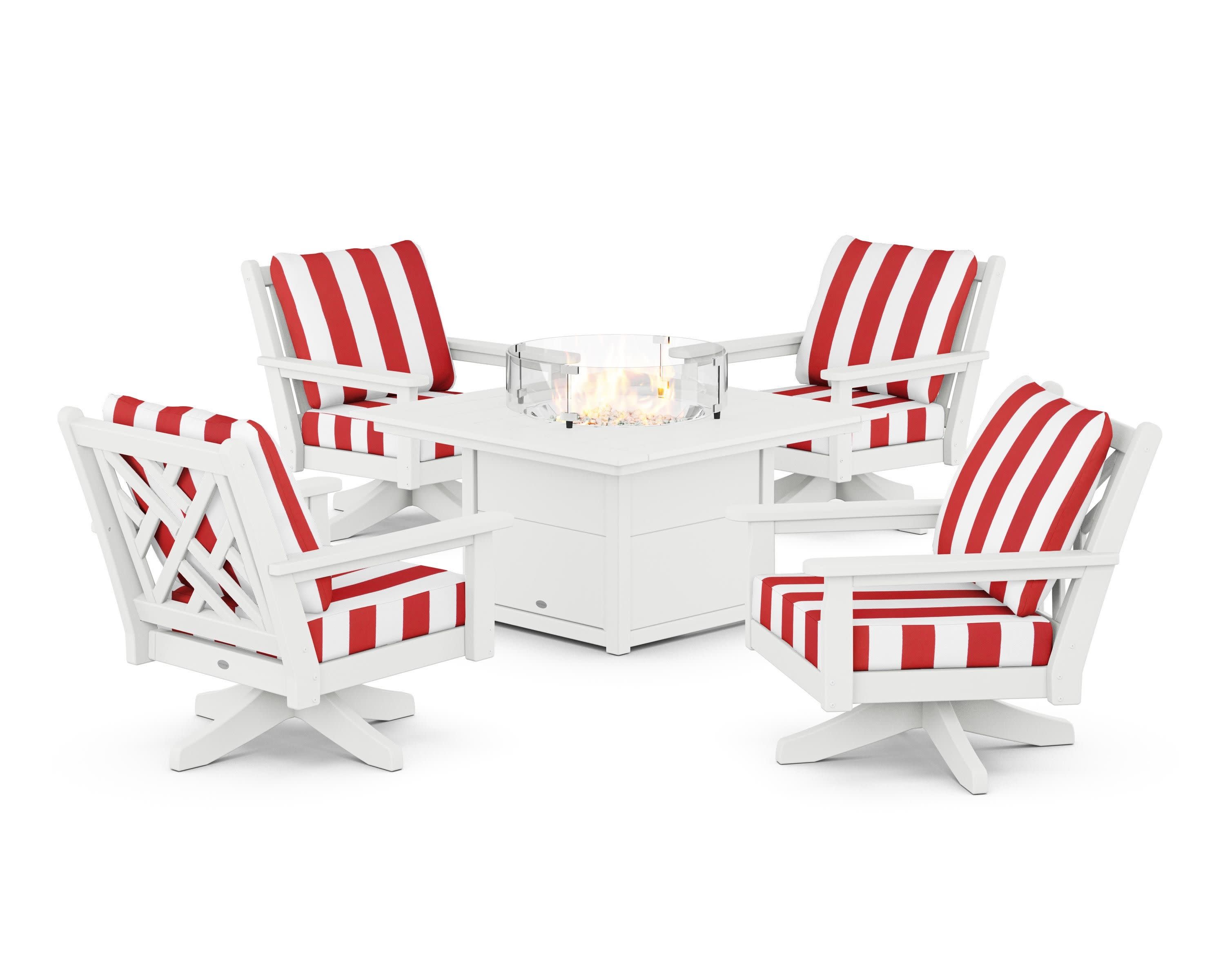 Chippendale 5-Piece Deep Seating Swivel Conversation Set with Fire Pit Table in White / Cabana Stripe Crimson