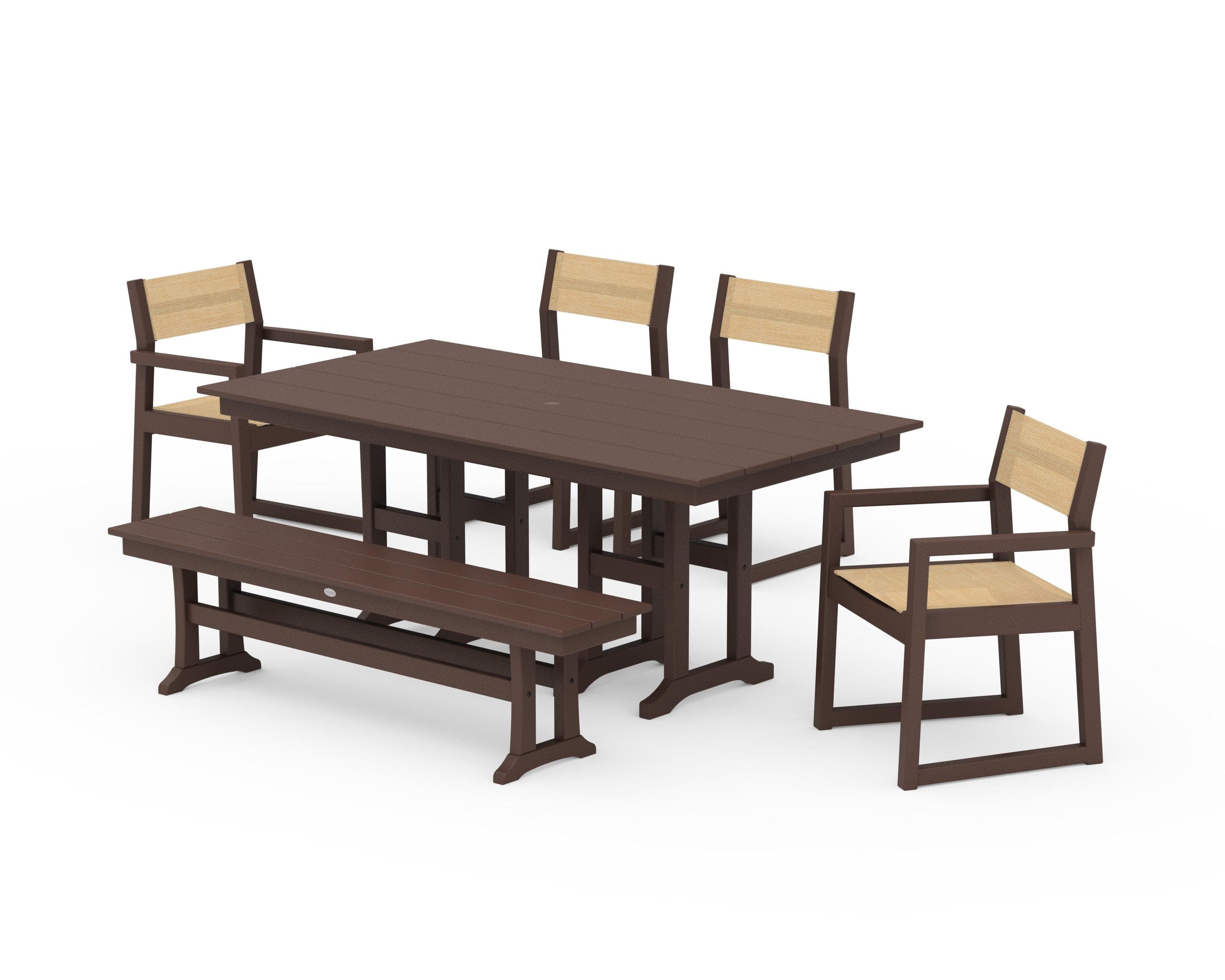 EDGE Sling 6-Piece Farmhouse Dining Set in Mahogany / Dupioni Apricot Sling