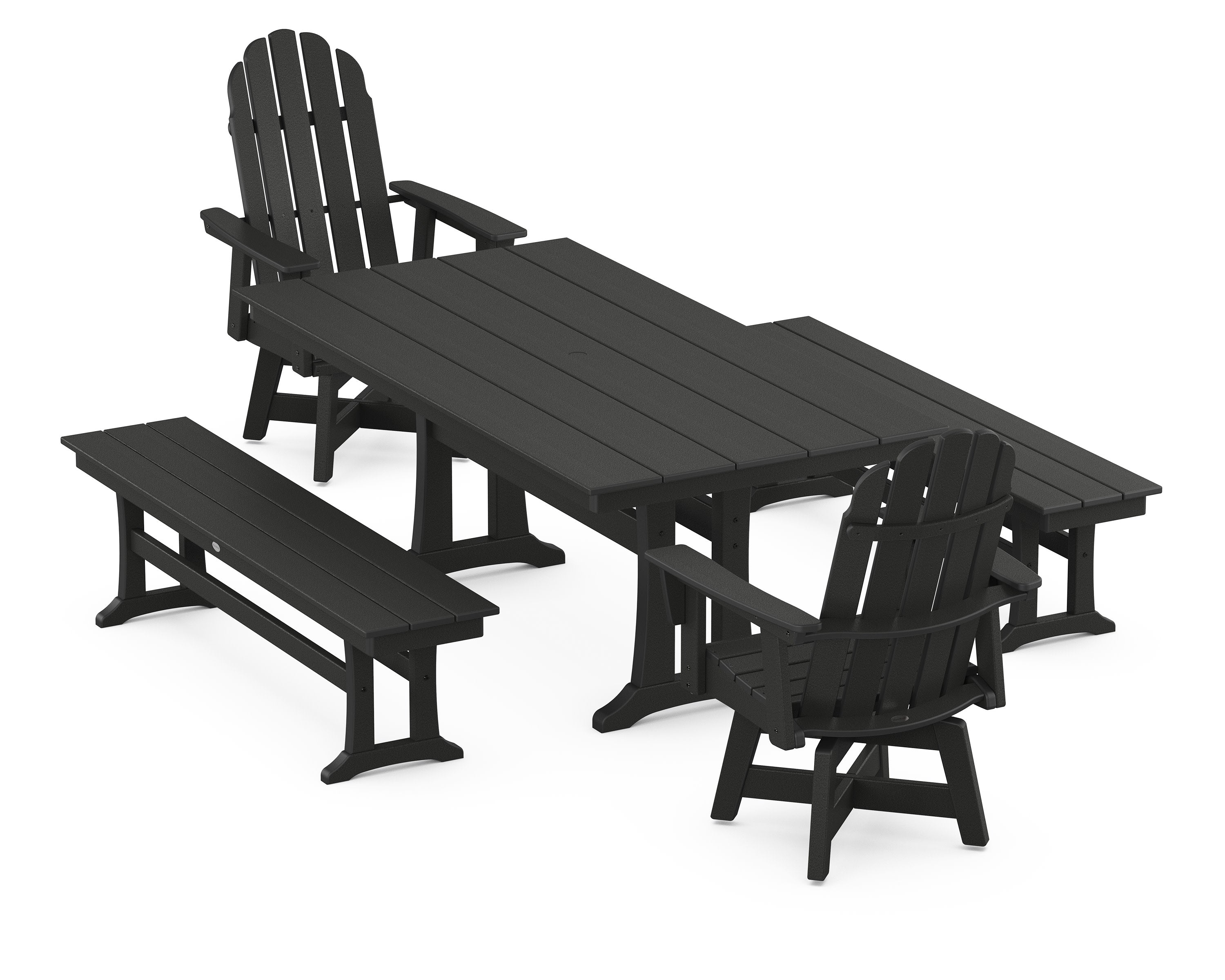 Vineyard Curveback Adirondack Swivel Chair 5-Piece Farmhouse Dining Set With Trestle Legs and Benches in Black