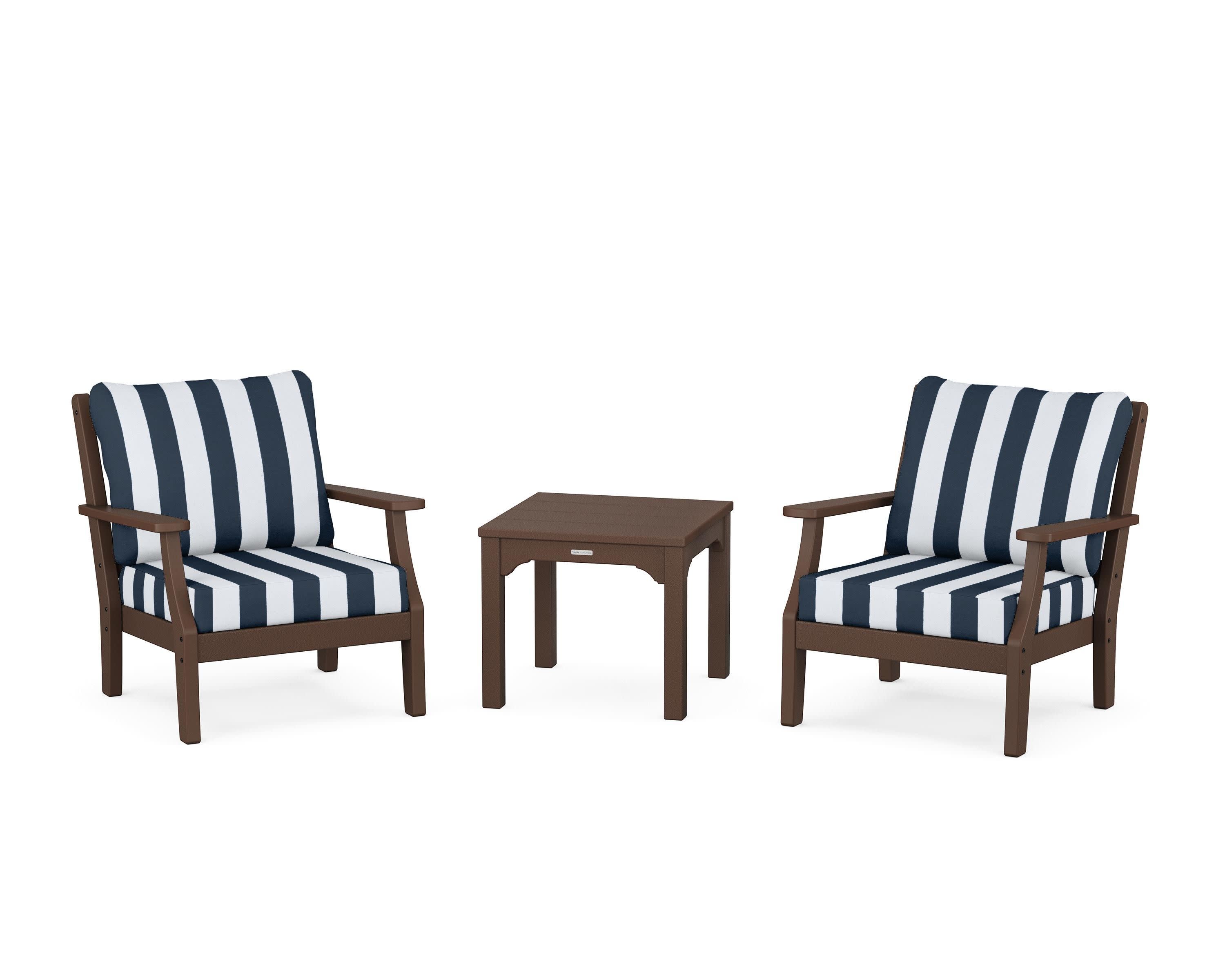 Chinoiserie 3-Piece Deep Seating Set in Mahogany / Cabana Stripe Marine Indigo