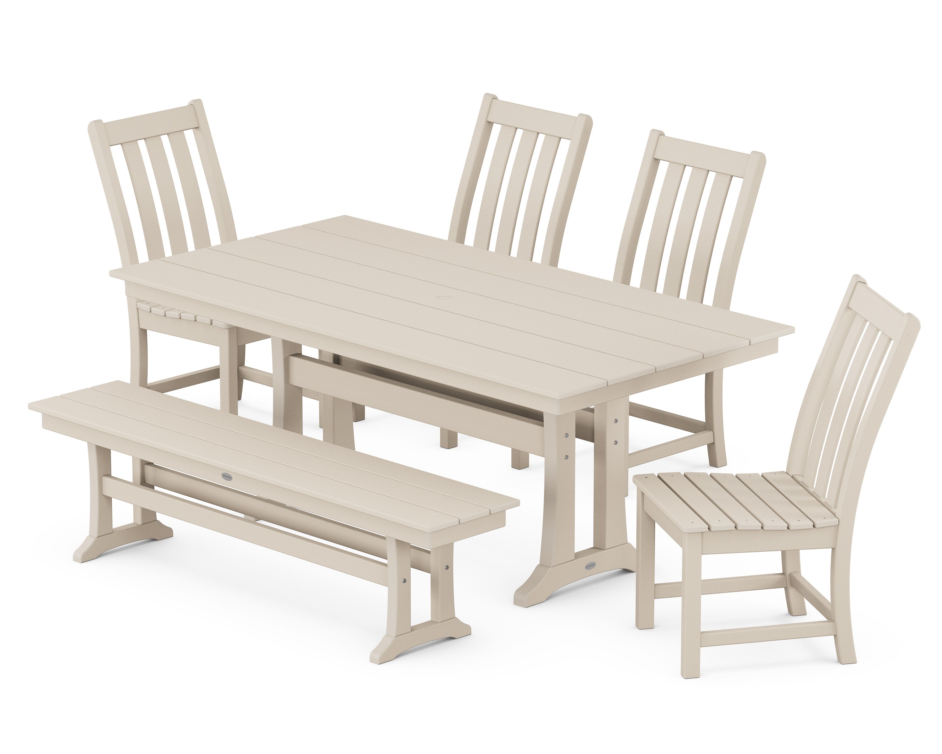 Vineyard Side Chair 6-Piece Farmhouse Dining Set with Trestle Legs and Bench in Sand