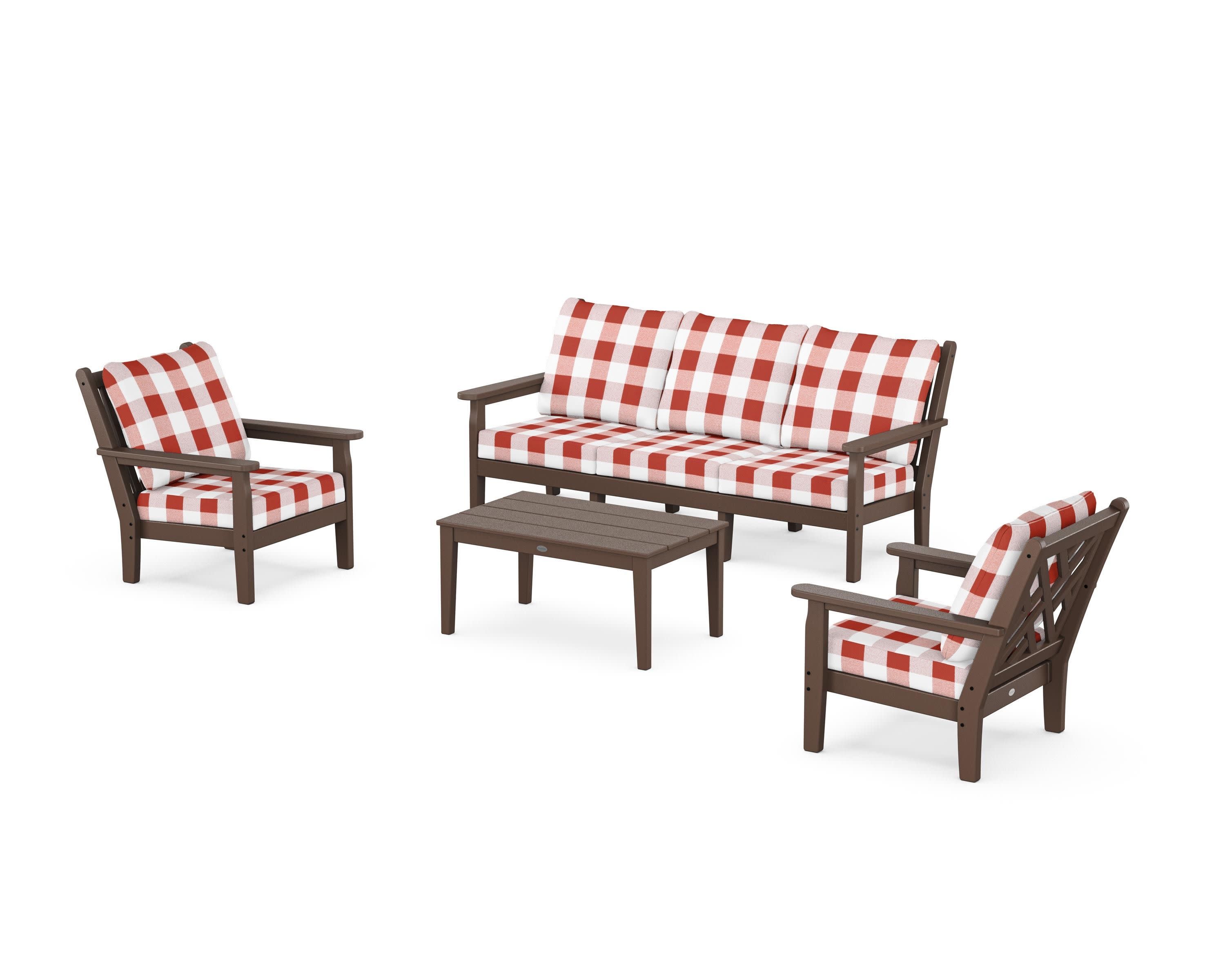 Chippendale 4-Piece Deep Seating Set with Sofa in Mahogany / Buffalo Plaid Crimson