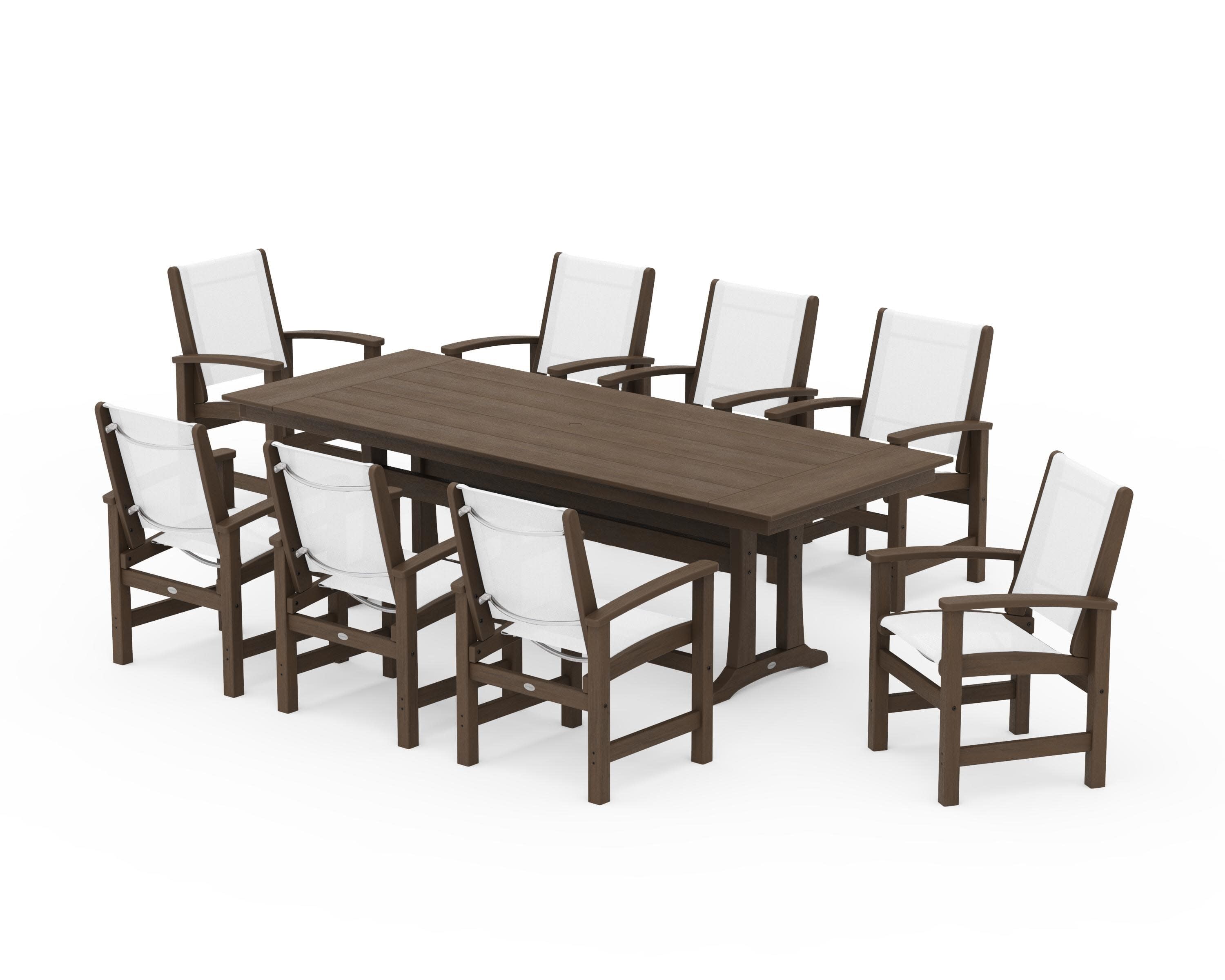 Coastal 9-Piece Farmhouse Dining Set with Trestle Legs in Kona / White Sling