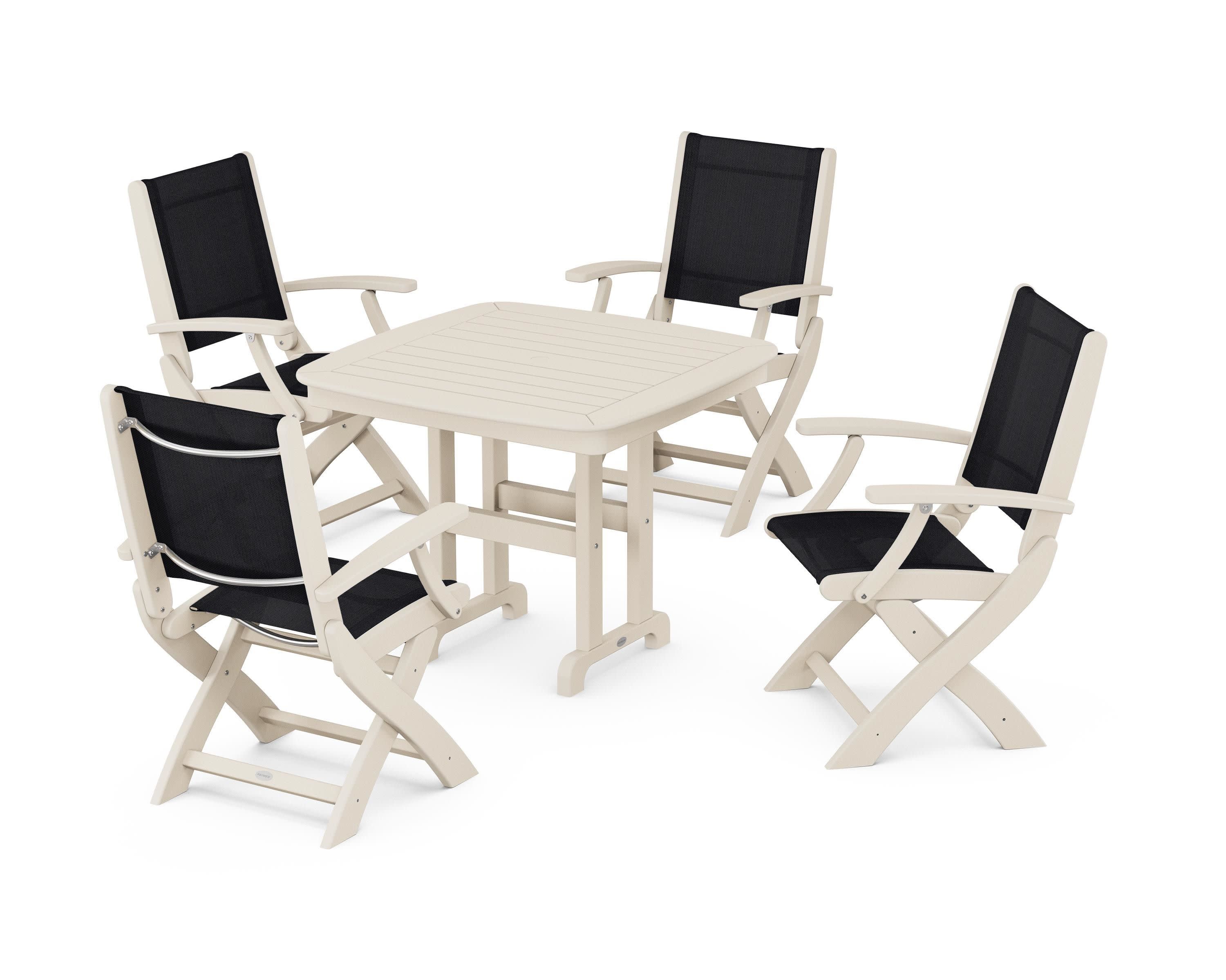 Coastal Folding Chair 5-Piece Dining Set in Sand / Black Sling